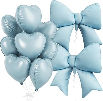 Baby Blue Heart Balloons, Foil Bow Balloons, 10Pcs 18 Inch Heart Shaped Balloon and 38 Inch Helium Light Blue Bow Foil Balloon for Girls Boys Birthday Valentines Baby Shower Bridal Wedding Decor