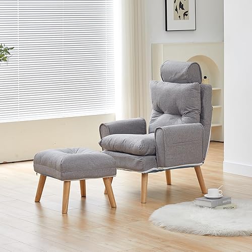 Miniatura 9 de TUKAILAi Silla decorativa moderna con otomana, sillón tapizado de tela de lino con respaldo ajustable, cómodo sofá con reposapiés para sala de estar