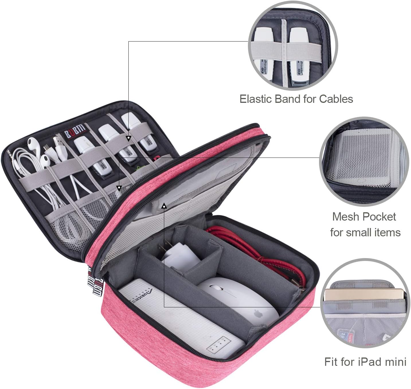BUBM Electronic Organizer, Double Layer Travel Gadget Storage Bag for Cables, Cord, USB Flash Drive, Power Bank and More-a Sleeve Pouch for 7.9" iPad Mini (Medium,Denim Pink)