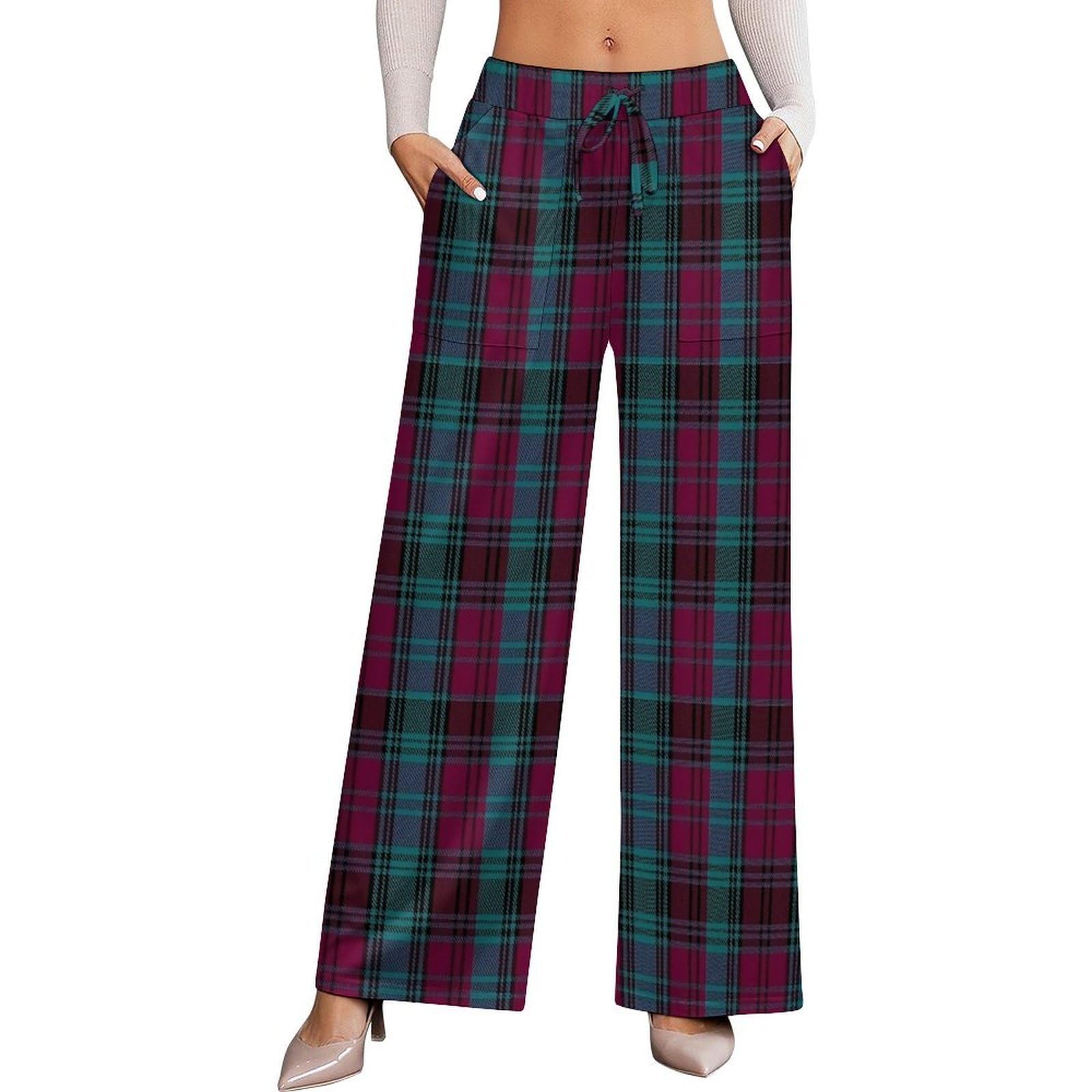 Dyale Alma College Tartan Womens Wide Leg Pants High Waisted Elastic Casual Sports Pants 2XL