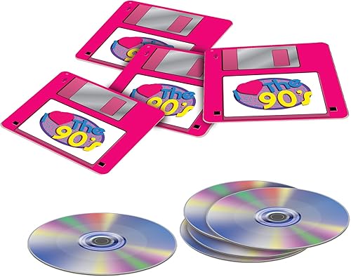 Miniatura 5 de Beistle 24 piezas de 1990 con tema retro CD y disquete, posavasos novedosos para fiestas de regreso a los 90, suministros de decoración