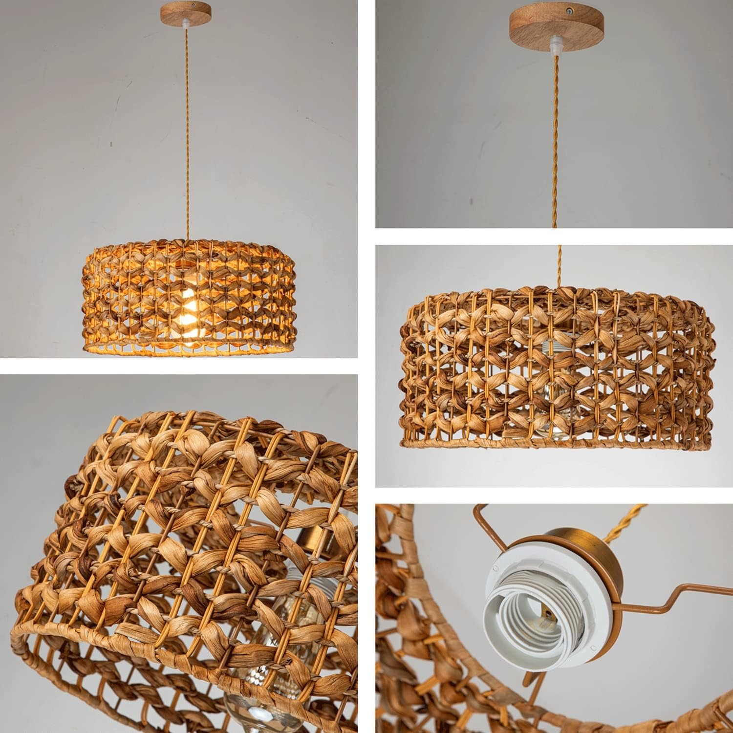 Lámparas de araña de ratán, lámpara Colgante de bambú Tejida a Mano, lámparas de araña de Mimbre Estilo Bohemio, con Bombilla y Control Remoto, lámparas Colgantes para Comedor, Sal