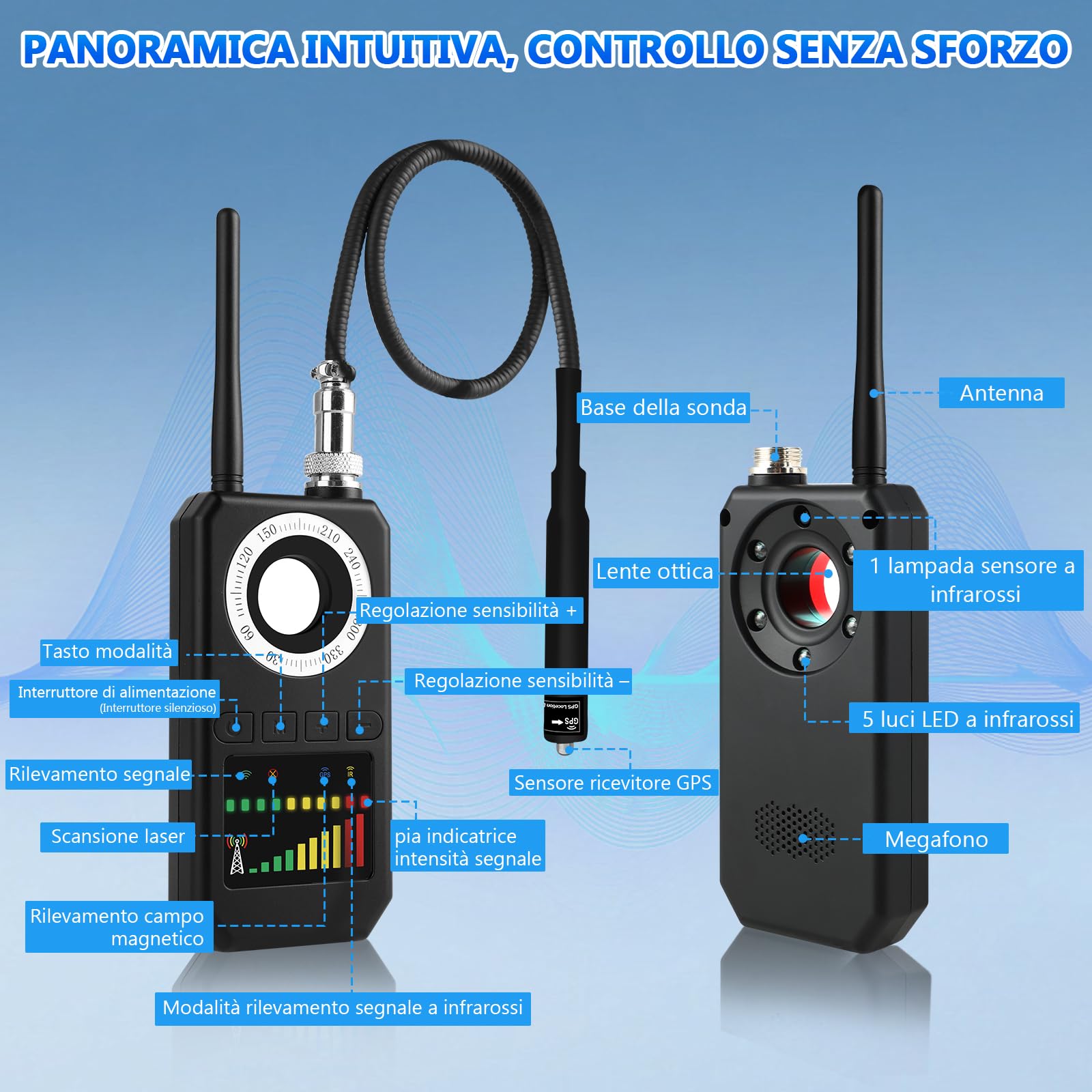 Rilevatore Microspie Senza Fili 6 in 1 - Detecțeur Telecamere Nascoste, GPS, RF e GSM, Rivelatore di Dispositivi di Ascolto, Rilevatore di insetti per Hotel, Ufficio, Casa