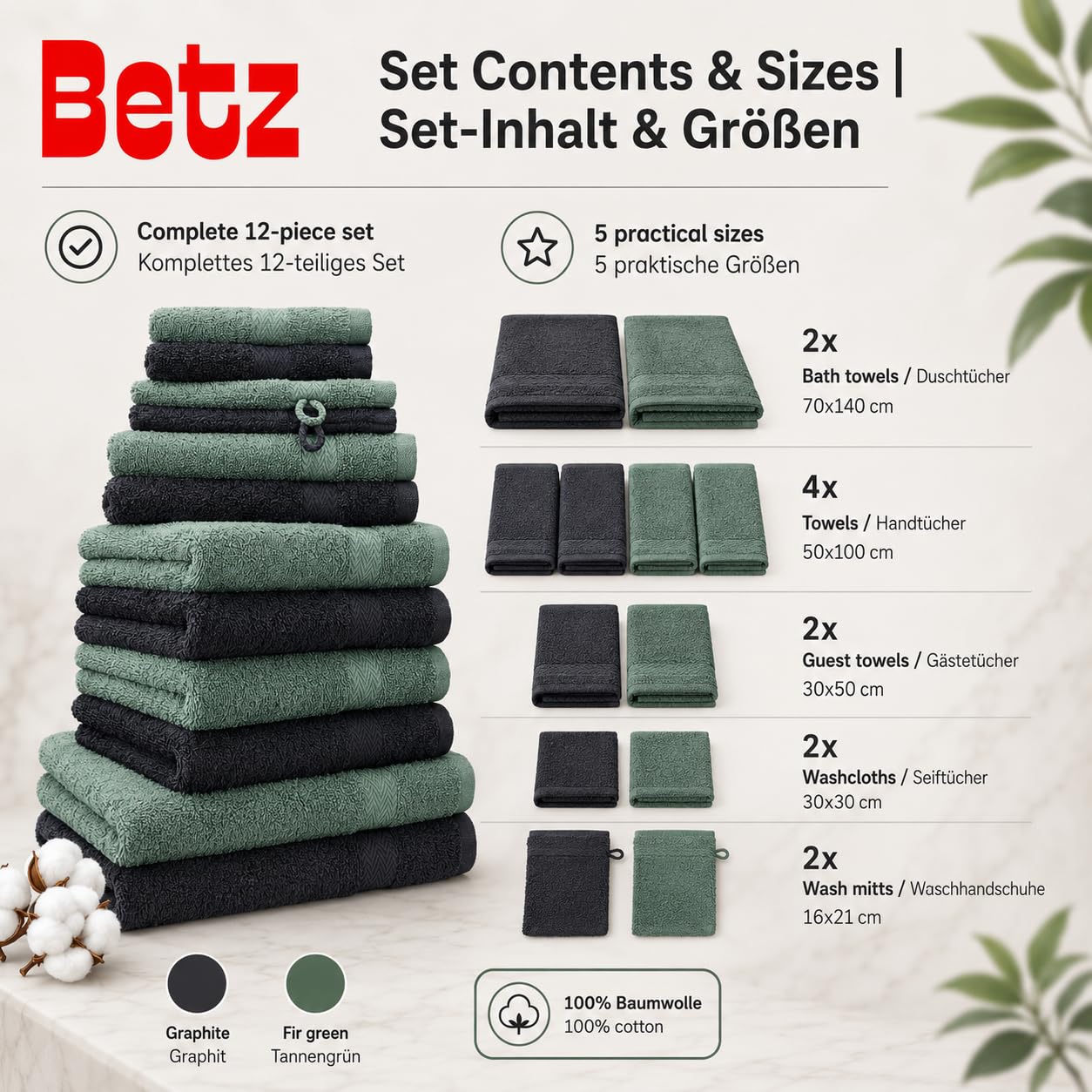 Betz Lot de 12 Serviettes Premium 2 draps de Bain 4 Serviettes de Toilette 2 Serviettes d'invité 2 lavettes 2 Gants de Toilette 100% Coton Couleur Graphite & Vert Sapin