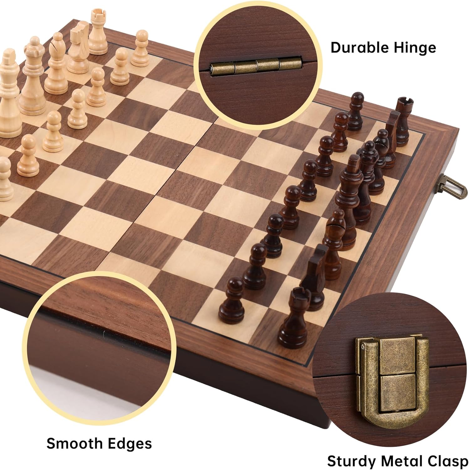Rinten Magnetic 15" Wooden Chess Set, Portable Travel Folding Chess Board Sets Strategy Game for Adults & Kids for Chess Lovers, Beginners