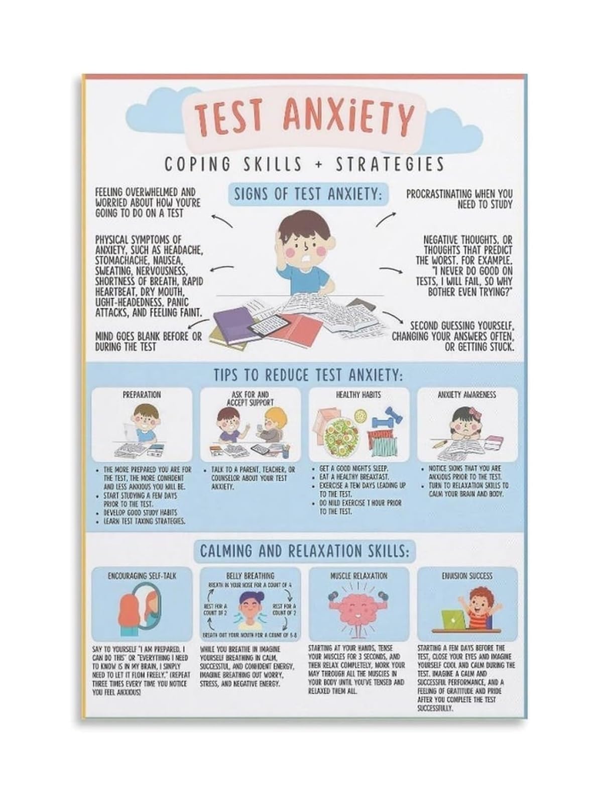 ZDVHOMCB Test Taking Strategies and Anxiety Management Tips Educational Poster for Exam Preparation Student Success High School College Decor Unframed,12X18inch(30X45cm)