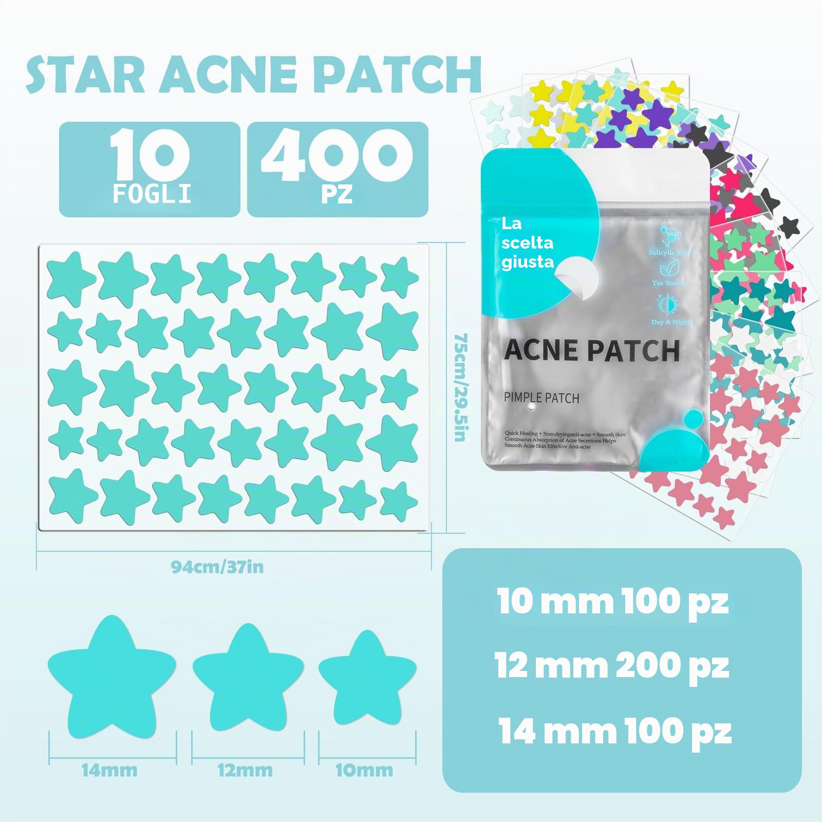 400 Pezzi pimple patch star, patch brufoli stelline Invisibile Naturale Hydrocolloid, cerotti per brufoli con olio dell'albero tè Acido Salicilico, acne patch Assorbenti Impermeabile e Traspirante