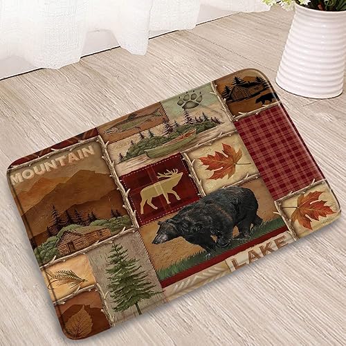 Tapete rústico de baño con diseño de oso y alce, vida silvestre, lago, montaña, bosque, hoja de arce, pesca, estilo campestre, caza, cocina, franela