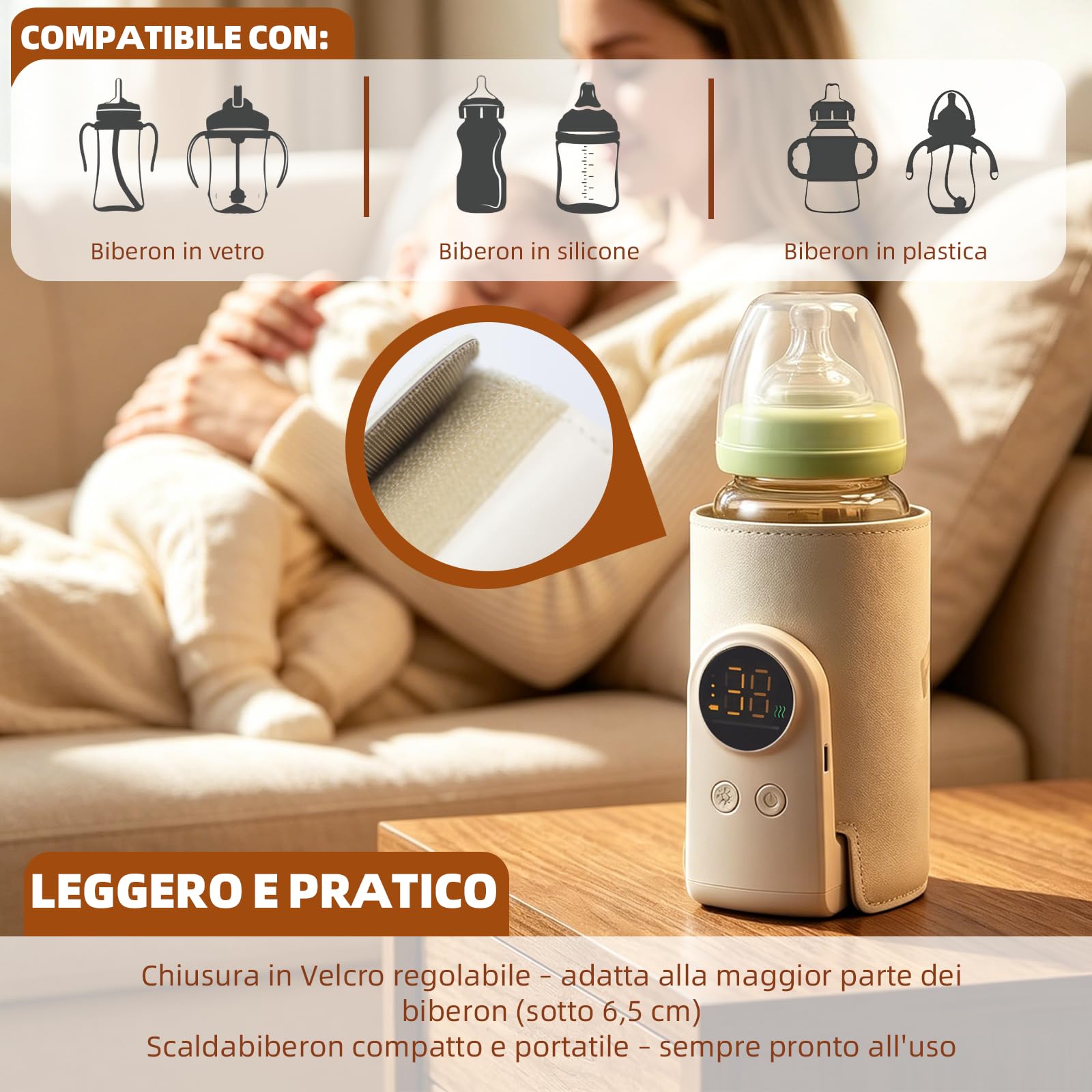 Scaldabiberon portatile con porta USB-C a 6 livelli di regolazione della temperatura (38-50°C), display LCD intelligente, ideale per riscaldare alimenti per neonati e alimenti per bambini. Un must per