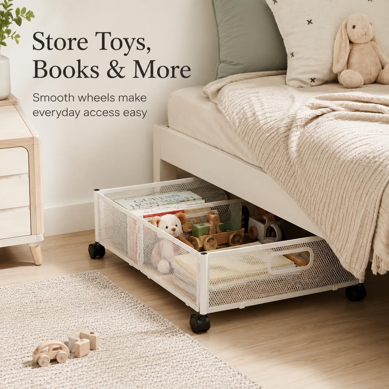 WOPPLXY Cassetto portaoggetti sotto il letto con ruote, in metallo, con ruote, pieghevole, colore: bianco