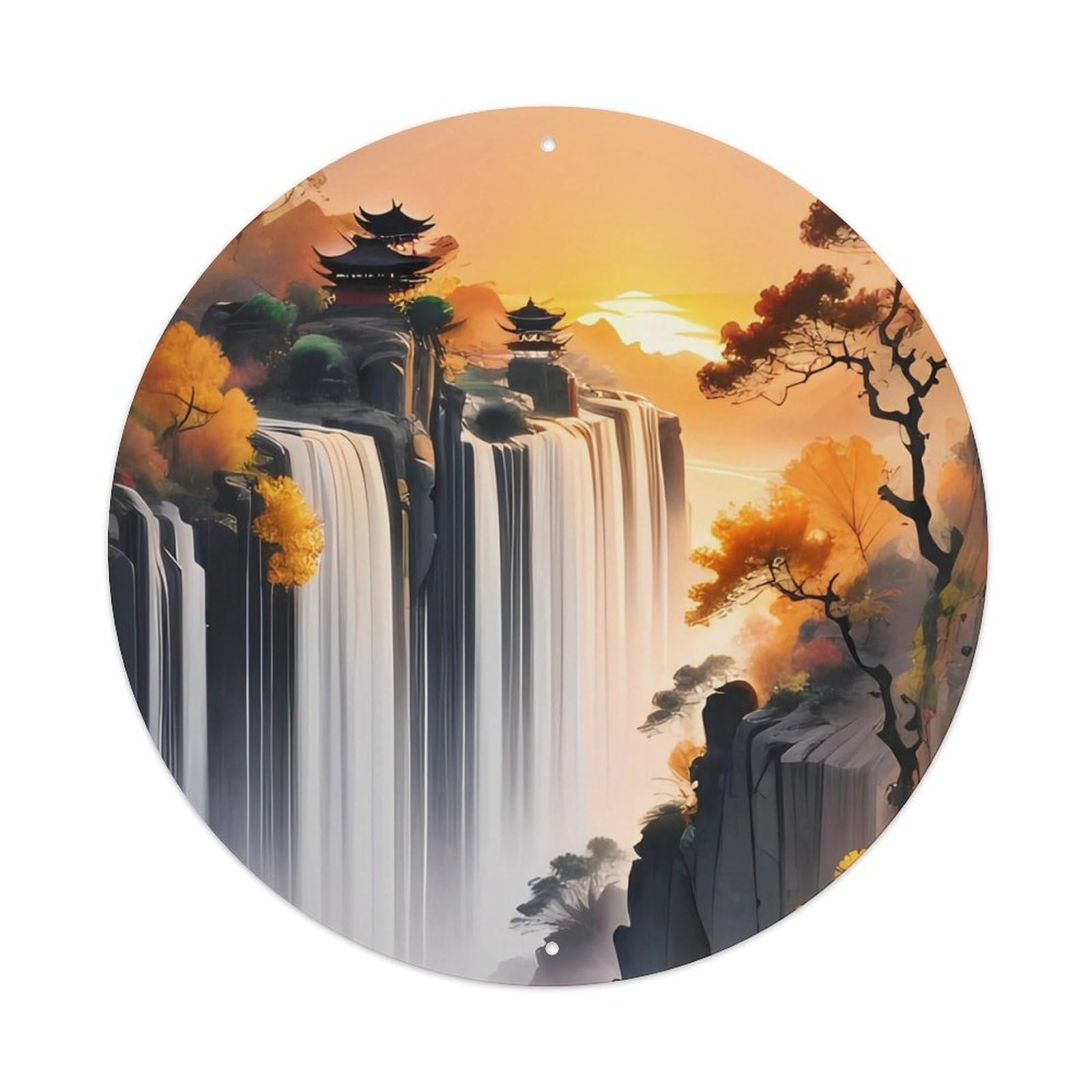 Landscape Small Yard on The Waterfall Vintage Metal Tin Sign Plaque Wall Decor for Cafe, Club, Garden Round Metal Poster 8x8Inch
