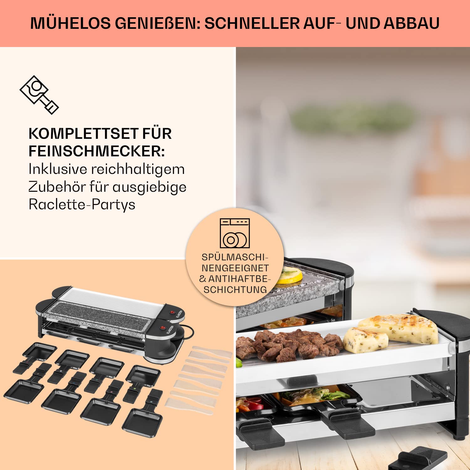 Verwöhne Dich mit Zartschmelzendem, Köstlichem Käse, Klarstein Raclette-Tischgrill mit 2 Grillflächen, 8 Pfännchen und Schaber, 1200 W Raclette-Grill
