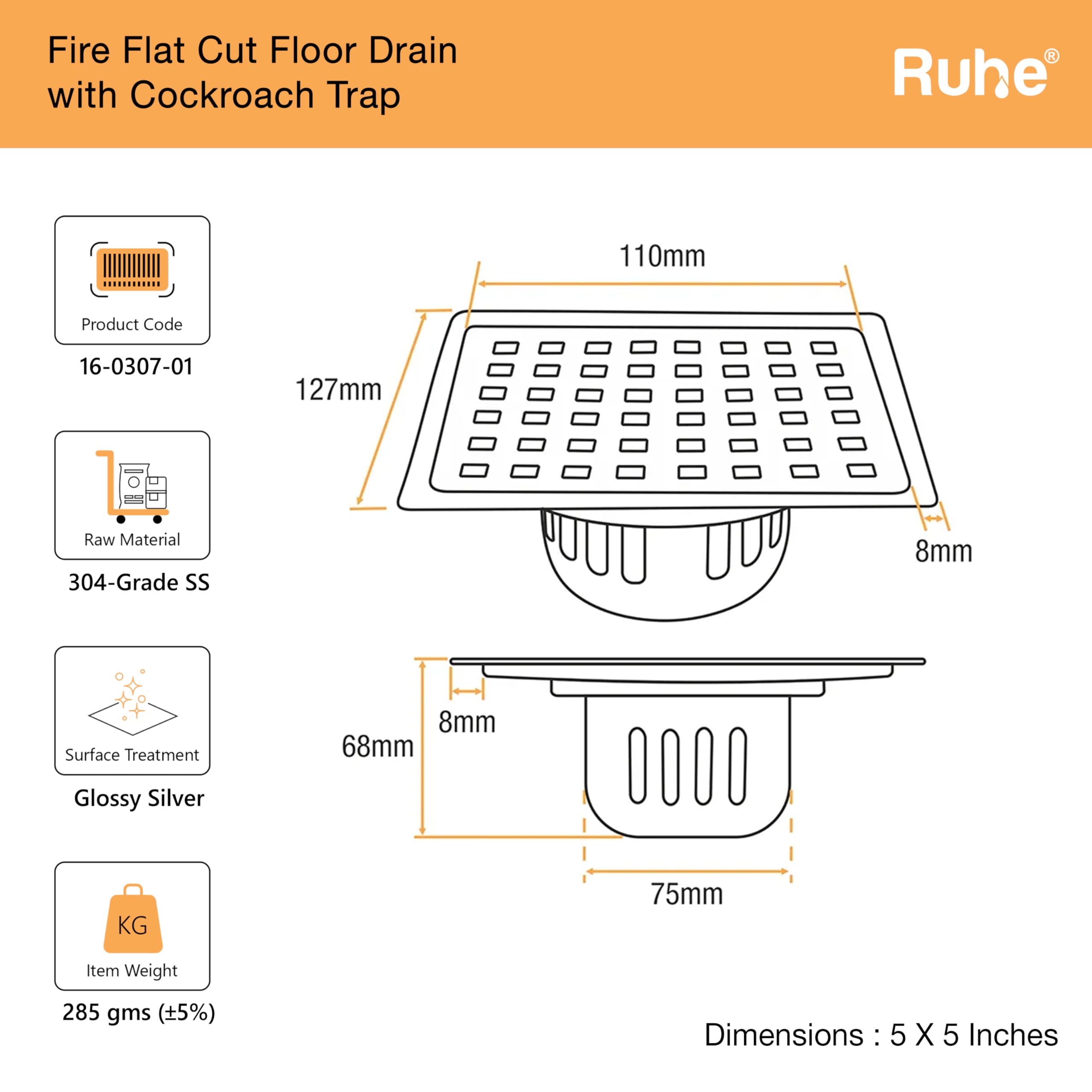 Ruhe® Fire Square Flat Cut Floor Drain | 304-Grade Stainless Steel Drain Jali | 5 x 5 inches | Floor Drainer with Cockroach Trap/Jali