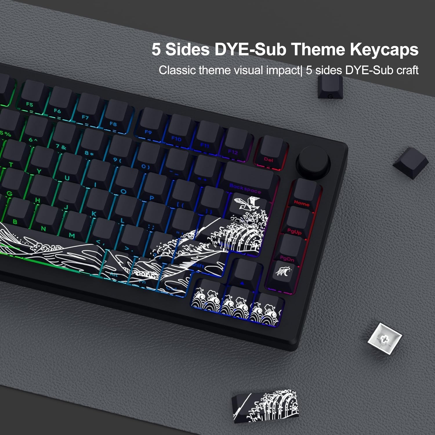 Catekro Shine Through Keycaps PBT Dye Sub Keycap Set, Side Print Keycaps, 131 Touches Cherry Profile Custom Keycaps, Wave of Kanagawa Double Shot Key Caps pour Claviers Mécaniques