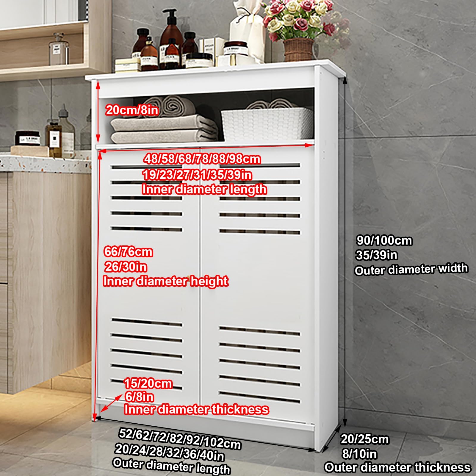 White Radiator Cover, Radiator Covers for Home with 2 Doors, Louvered Grill Shelf Cabinet, Easy Assembly, Hide Cluttered Pipes(62x100x25cm/24x39x10in)