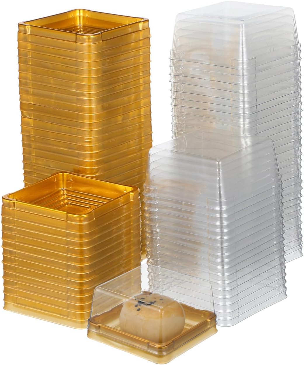 Veemoon 50pcs Mini Cake Box with Lids, 3inch Small Dessert Container Clear Plastic Cupcake Box Square Food Packing Holder Dessert Domes Food-grade Ornaginzer for Baking Macarons, Muffins, Cake