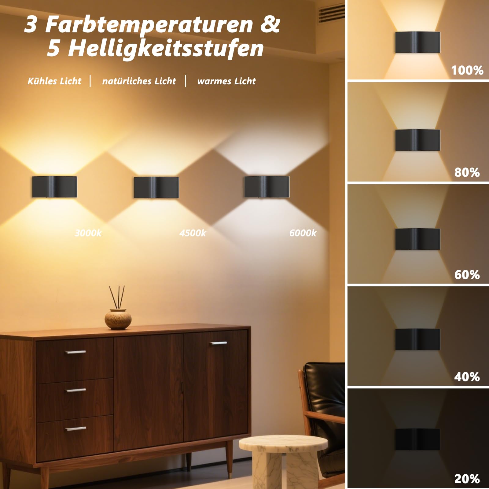 LED Wandleuchte Innen mit Bewegungssensor, 2 Stück 4000mAh Akku Kabellose Wandlampe mit Fernbedienung, 3 Farben/Modi Ohne Bohren Wanddeko Wandleuchte für Schlafzimmer Wohnzimmer Treppe Flur