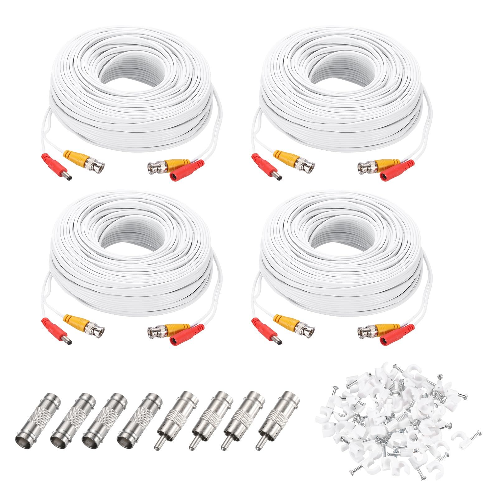 sourcing map BNC Video Power Cable,45m/148ft All-in-One Security Camera Wire Cord DC Extension Wire for CCTV Security DVR Camera System Installation Plug & Play Cord,4 Set White