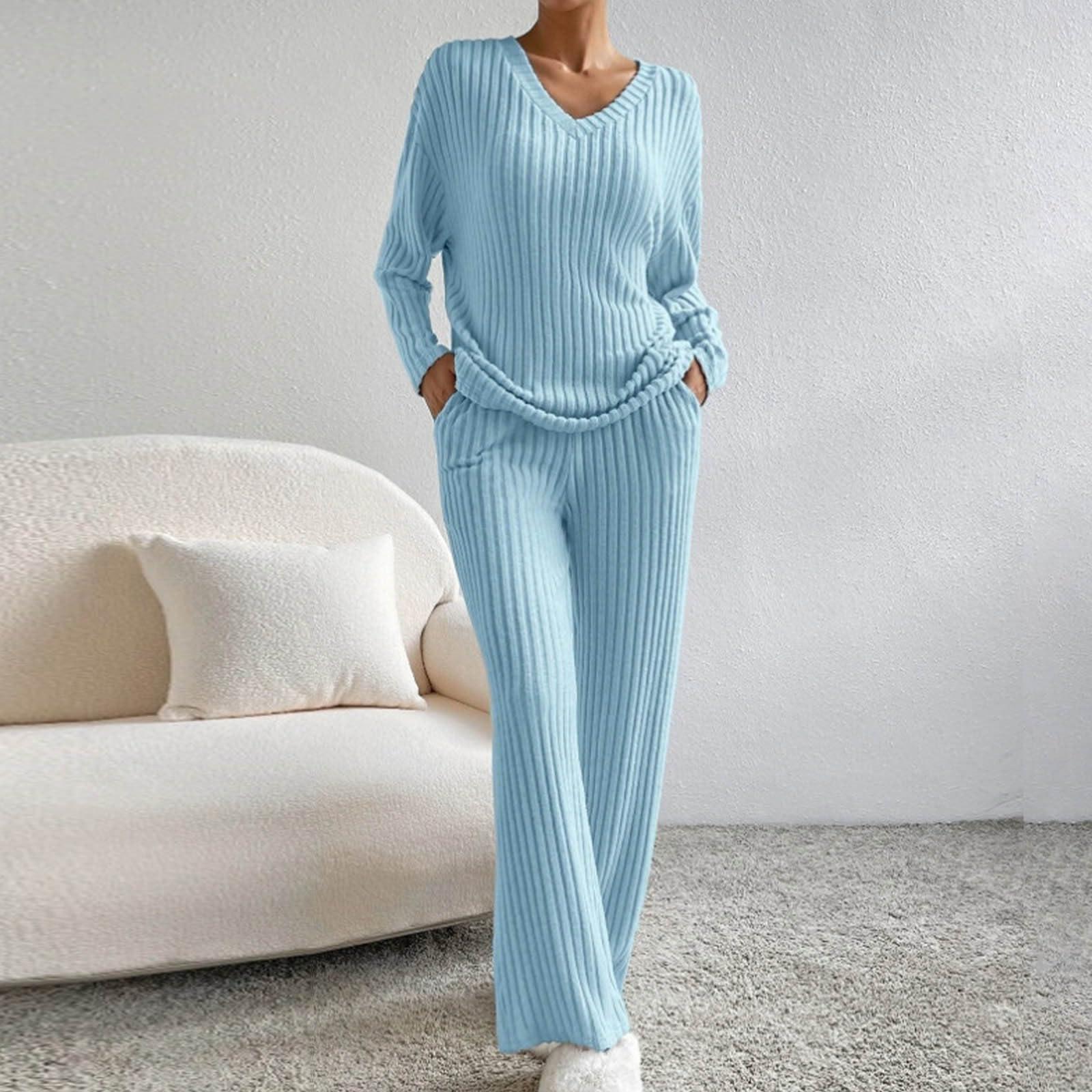 Generisch Homewear Lot de 2 combinaisons en tricot pour femme Tailles S à | Loungewear Survêtement pour femme - Texture rayée - Coupe décontractée - Col en V - Avec pantalon évasé - Combinaison de