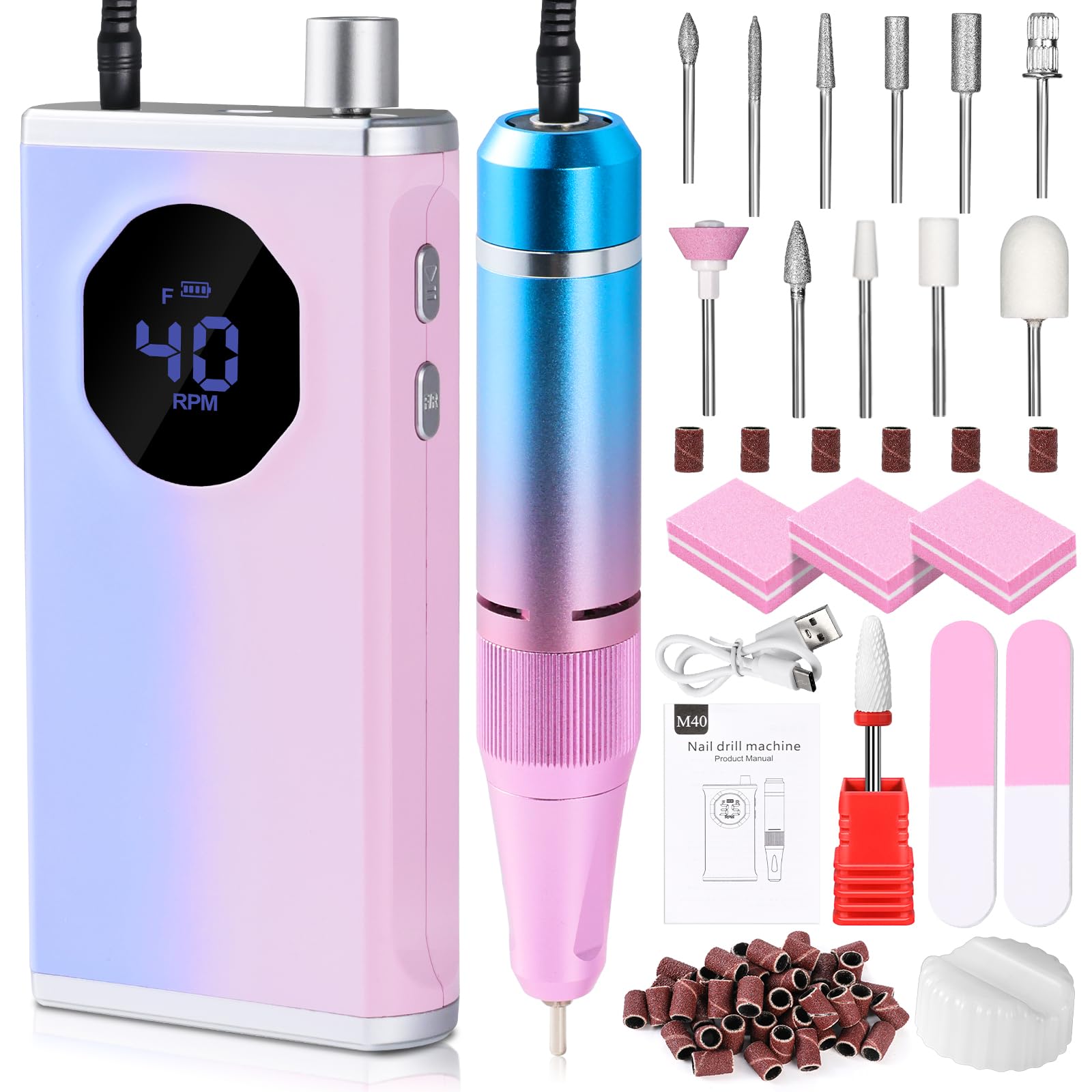 Professional Nail Drill, 40000RPM Electric Nail File for Acrylic Gel Nails Polishing, Rechargeable Portable Cordless Nail Drill Kit with Full Set of Accessories, Birthday Gifts for Women Mom
