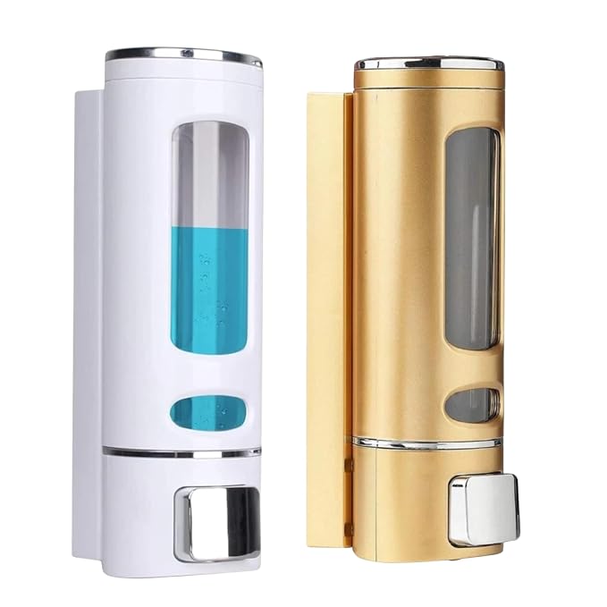 Combo Pack Wall-Mounted Soap Dispenser for Bathroom | Wash Basin Liquid Sanitizer & Shower Gel | 400ml Capsule Design | White and Gold ABS Plastic | Pack of 2 | Durable & Easy Refill