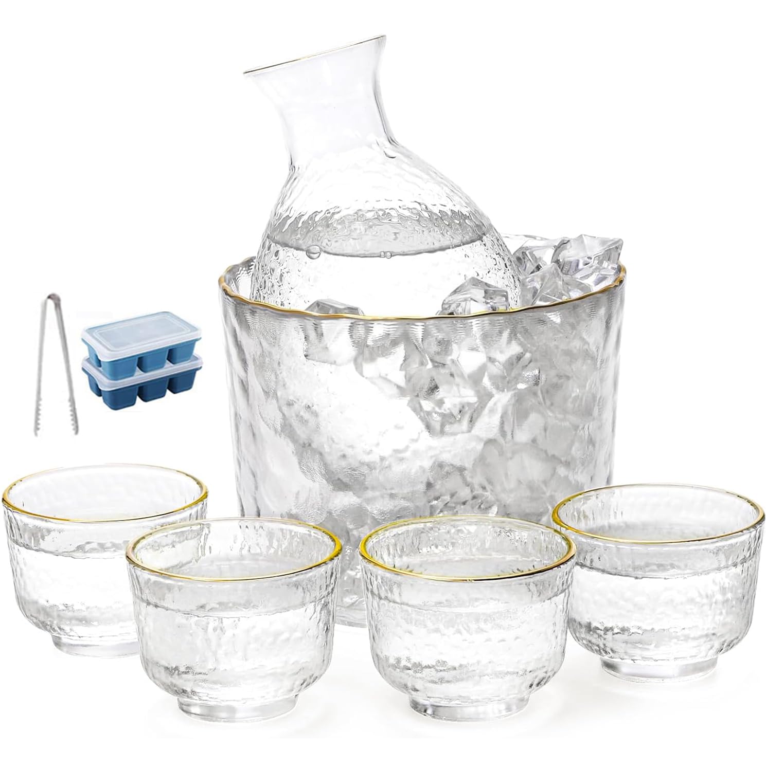 Is Muhe Sake Pot Set, Japanese Cold Glasses, Clear Unique Trendy Floating Design, 1 Carafe Bottle Tank And 4 Saki Cups For Cold/Warm/Hot Sake, Birthday Housewarming Gift Set