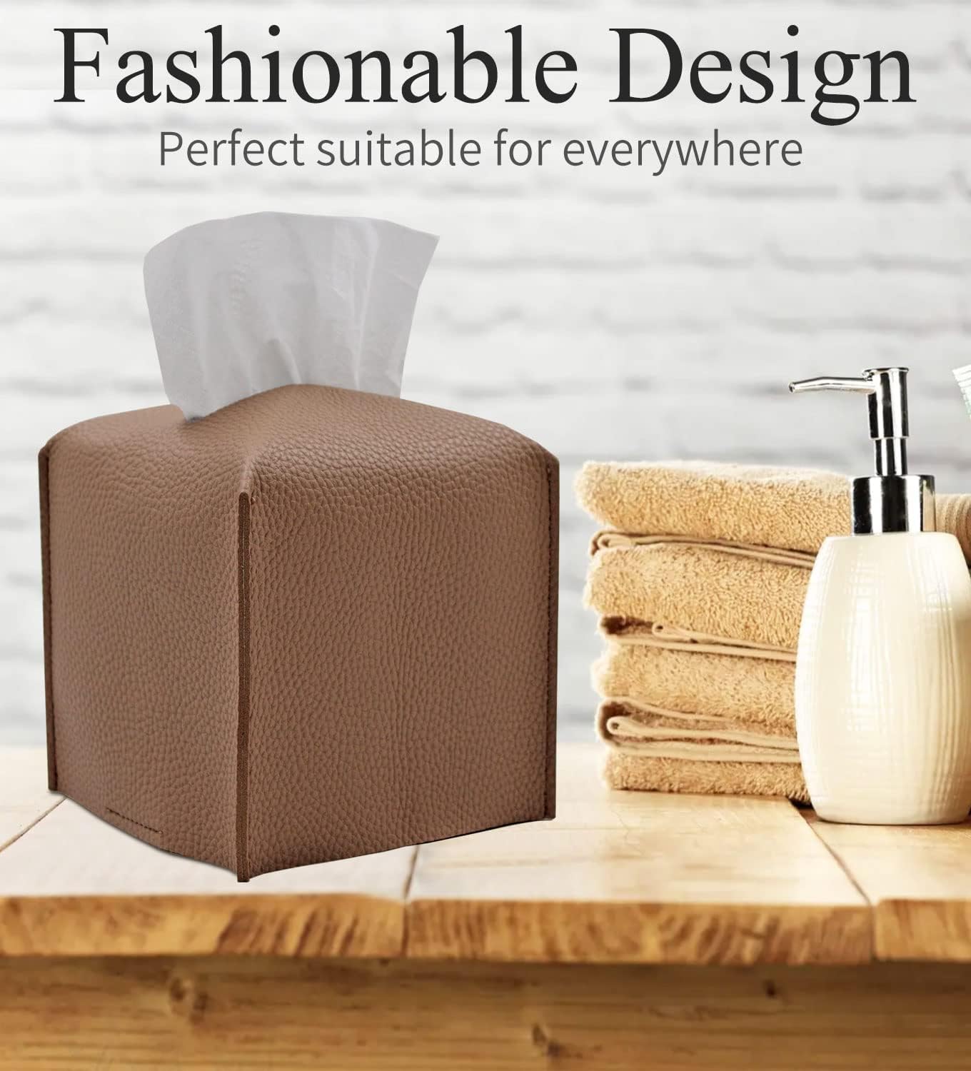 Livelab Tissue Box Cover, Square Decorative PU Leather Tissue Box Holder Modern Tissue Case Facial Paper Organizer Dispenser for Bathroom, Vanity Countertop, Night Stands, Desk, Car 5X5X5'' | Camel