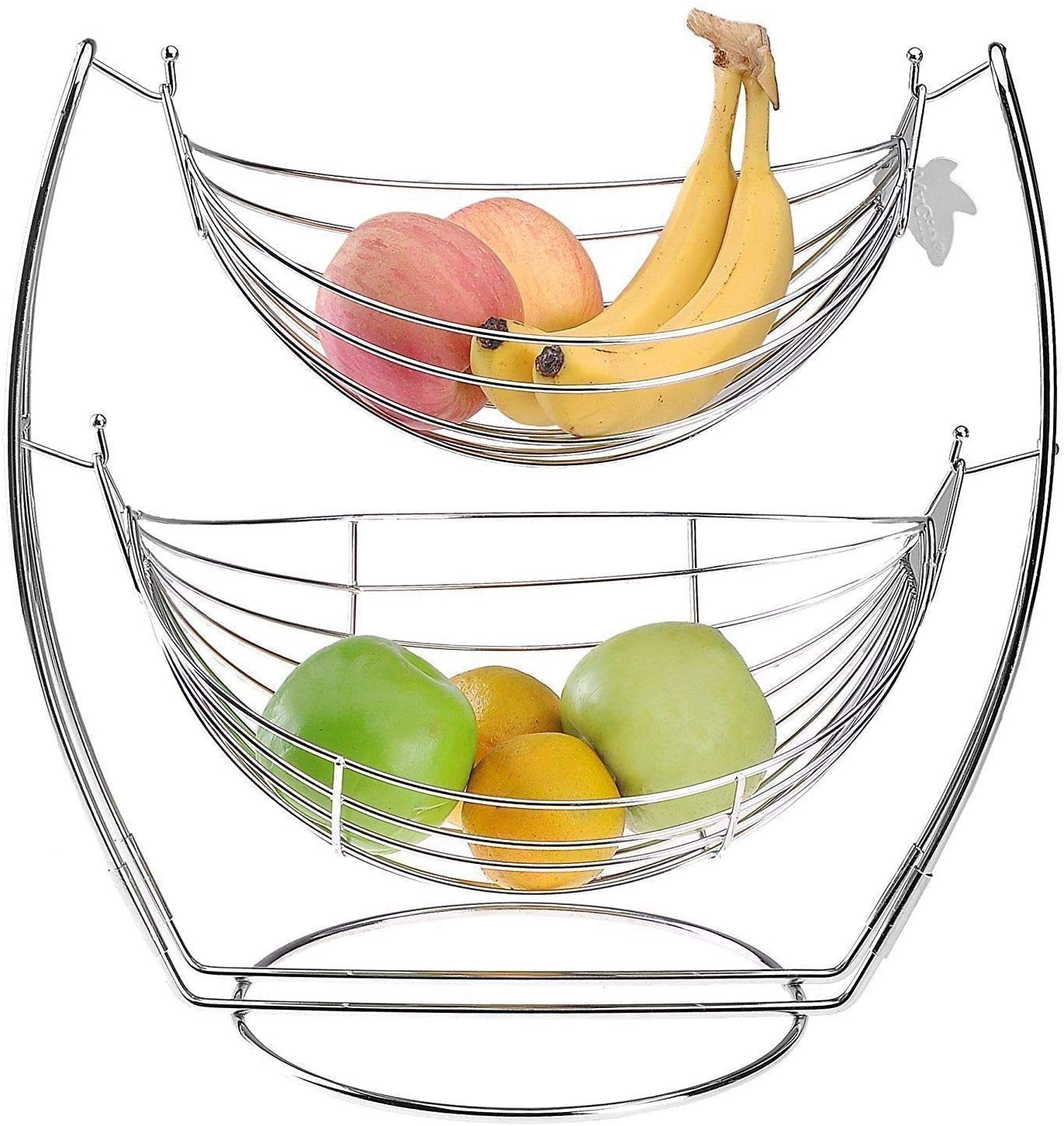 TRTO 2 Tier Chrome Fruit Basket Vegetable Swinging Bowl Tier Rack Storage Stand Holder
