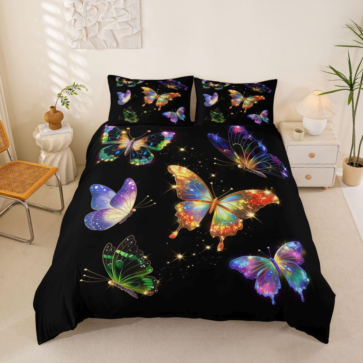 Homewish Set copripiumino per letto super king size, con farfalle colorate e stelle scintillanti