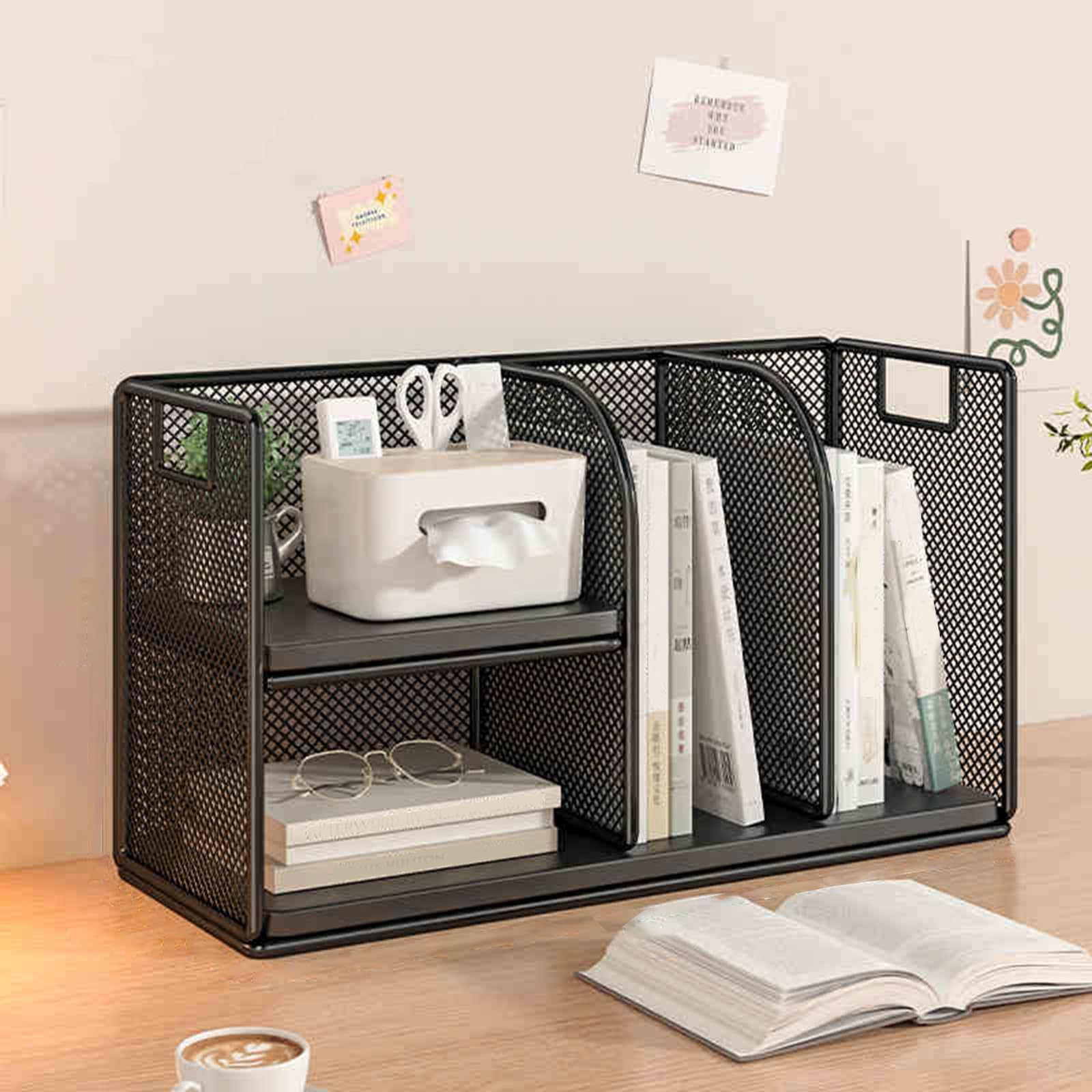 Organizador de Escritorio de Gran Capacidad, Malla Organizador Estacionario, Soporte Multifuncional con Compartimentos(Black 2)