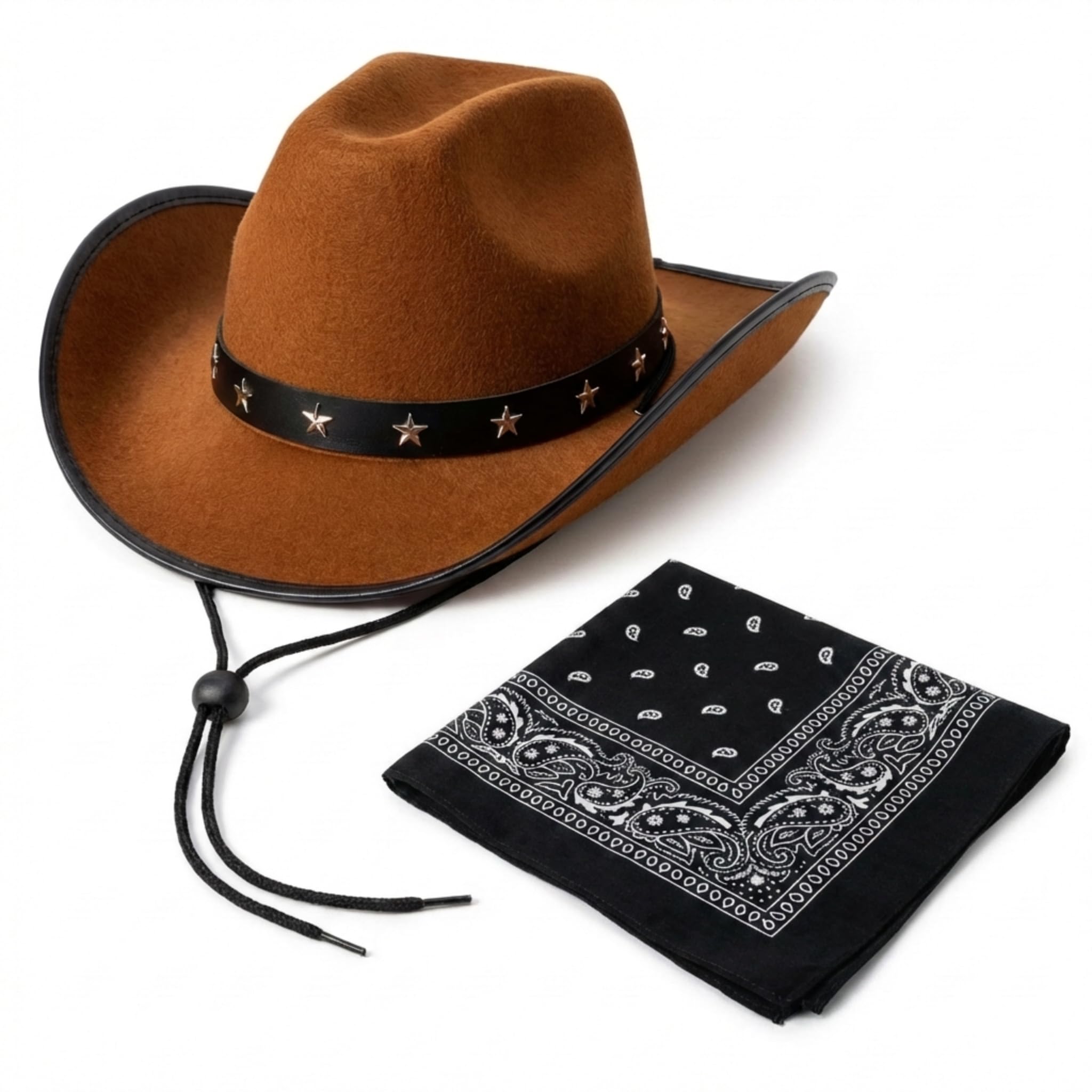 Star Studded Brown Cowboy Hat and Bandana Set - Adult Cow Boy Hat with Cowboy Neckerchief for Cow Boy Outfit Men and Women Wild West Fancy Dress Costume or Country and Western Fancy Dress (Black)