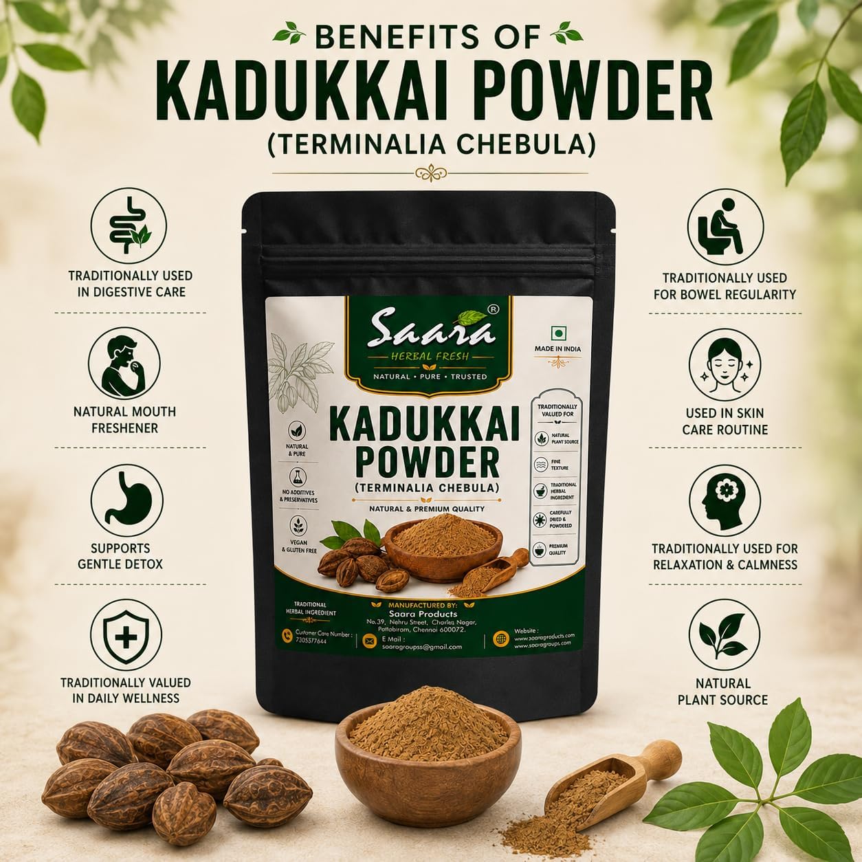 Saara HERBAL FRESH Kadukkai Powder, 100g, Pack of 2 x 50g — Amazon image 3