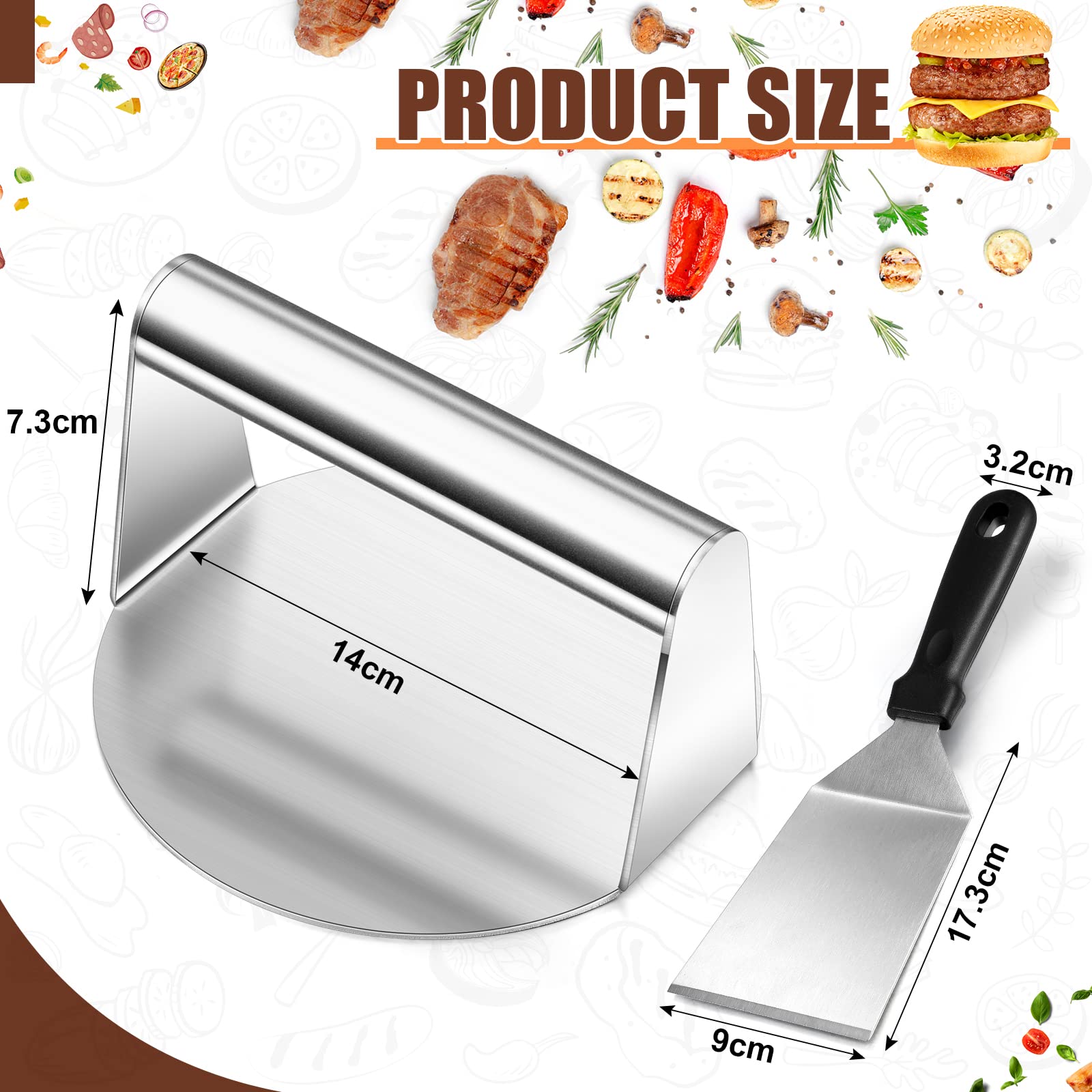 Smash Burger Set - Edelstahl Presse 14cm Mit Spachtel Und Gewürzstreuer