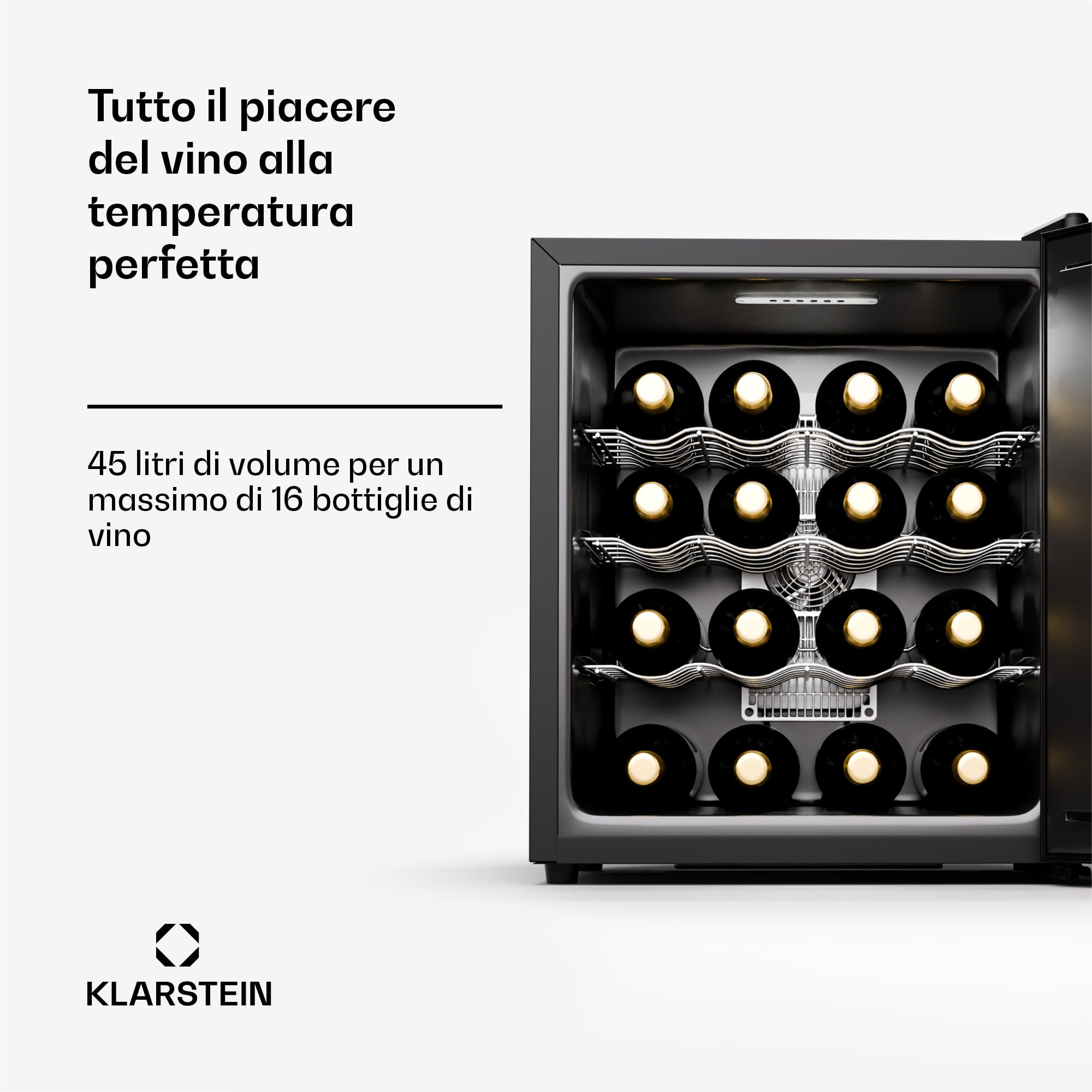 Klarstein Cantinetta Vino Refrigerata a Zona Singola per Interno-Esterno, Frigo Bar, Cantina Vino con Porta in Vetro, Mini Frigo Silenzioso, Frigorifero Piccolo, Illuminazione LED, 5-22°C 16 Bottiglie