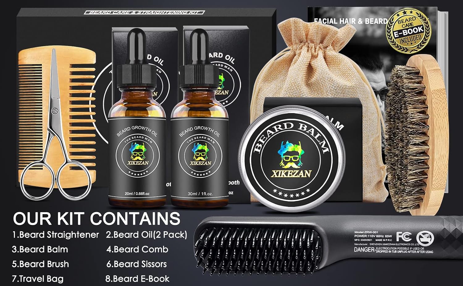 Beard Straightener w/Beard Balm & Beard Growth Oil & Beard Comb & Beard E-Book,Patented Design 3 in 1 Hair Straightener Brush Beard Straightening Comb,Unique Stocking Stuffers Gifts for Men Women Him