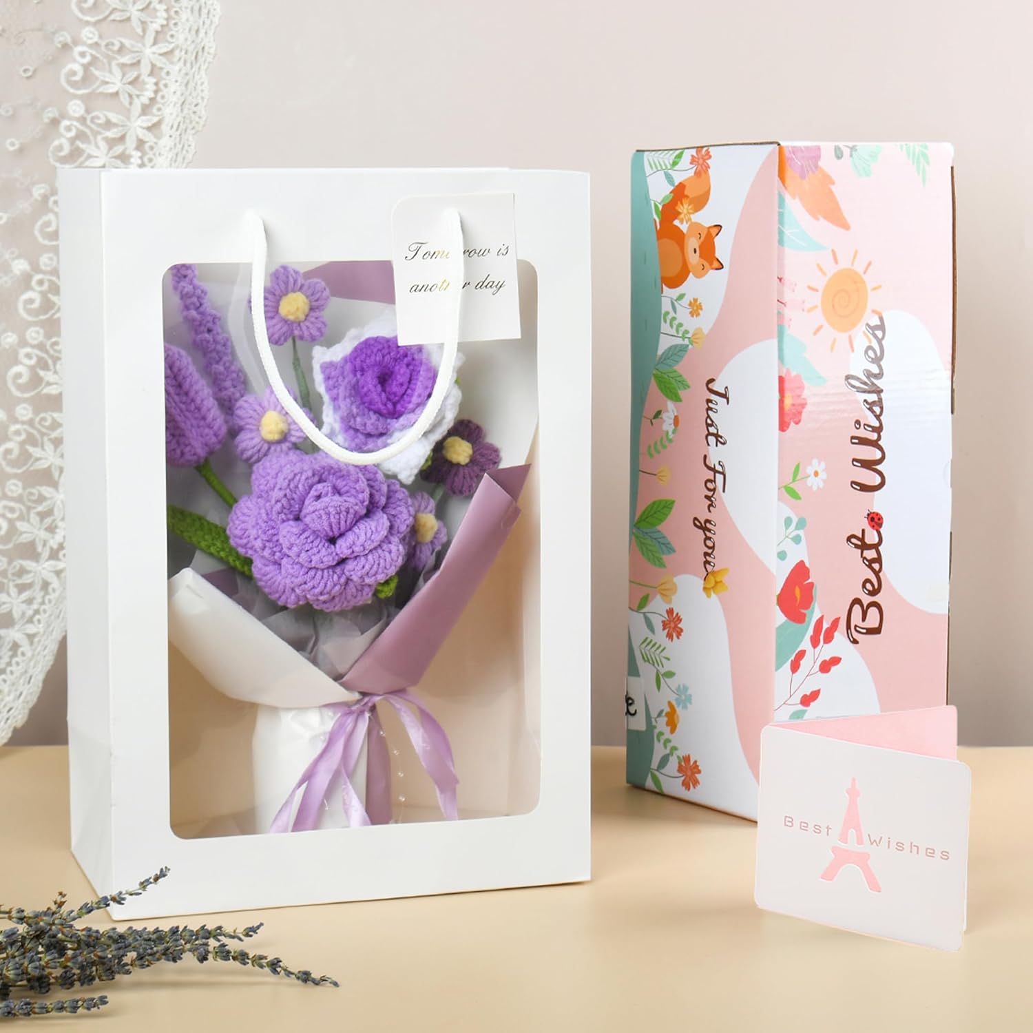 Purple Crochet Flower Bouquet, Handmade Crochet Flowers, Knitted Flowers Gift for Her, Gift for Women with Gift Box, Bag and Card - Image 4