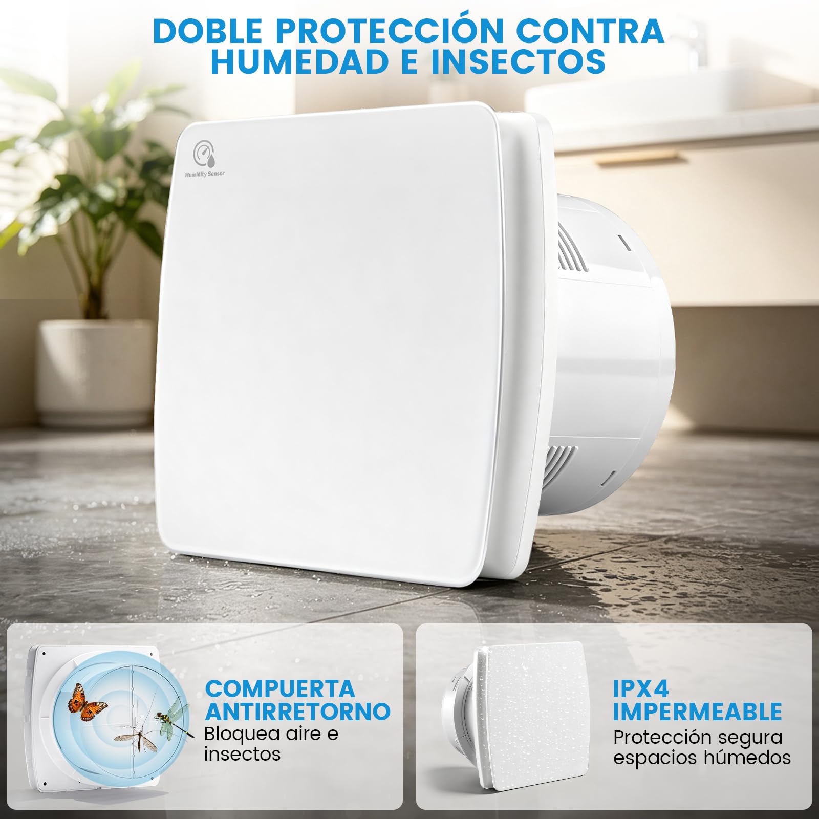 100 mm Extractor de aire silencioso de higrostato y temporizador VMC cuarto de baño | Ventilador de baño de 12 W, 95 m³/h ≤34 dB IPX4 2400 RPM, válvula antirretorno de pared o techo – WC, oficina, cocina, blanco