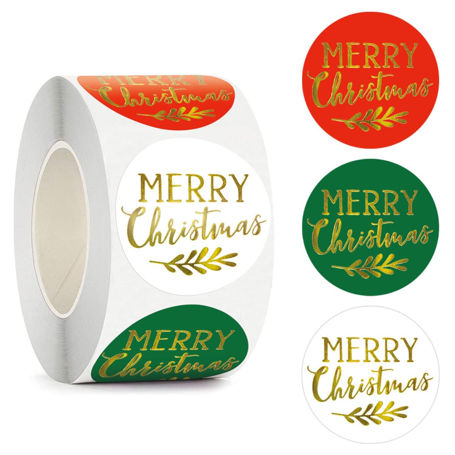 Merry Christmas Label Stickers Roll, 500 Pcs 1 inch Round Red Green White Self Adhesive Seals Label Sticker Gold Foil Merry Christmas Holiday Decorative Label Tags for Cards Scrapbook Supplies