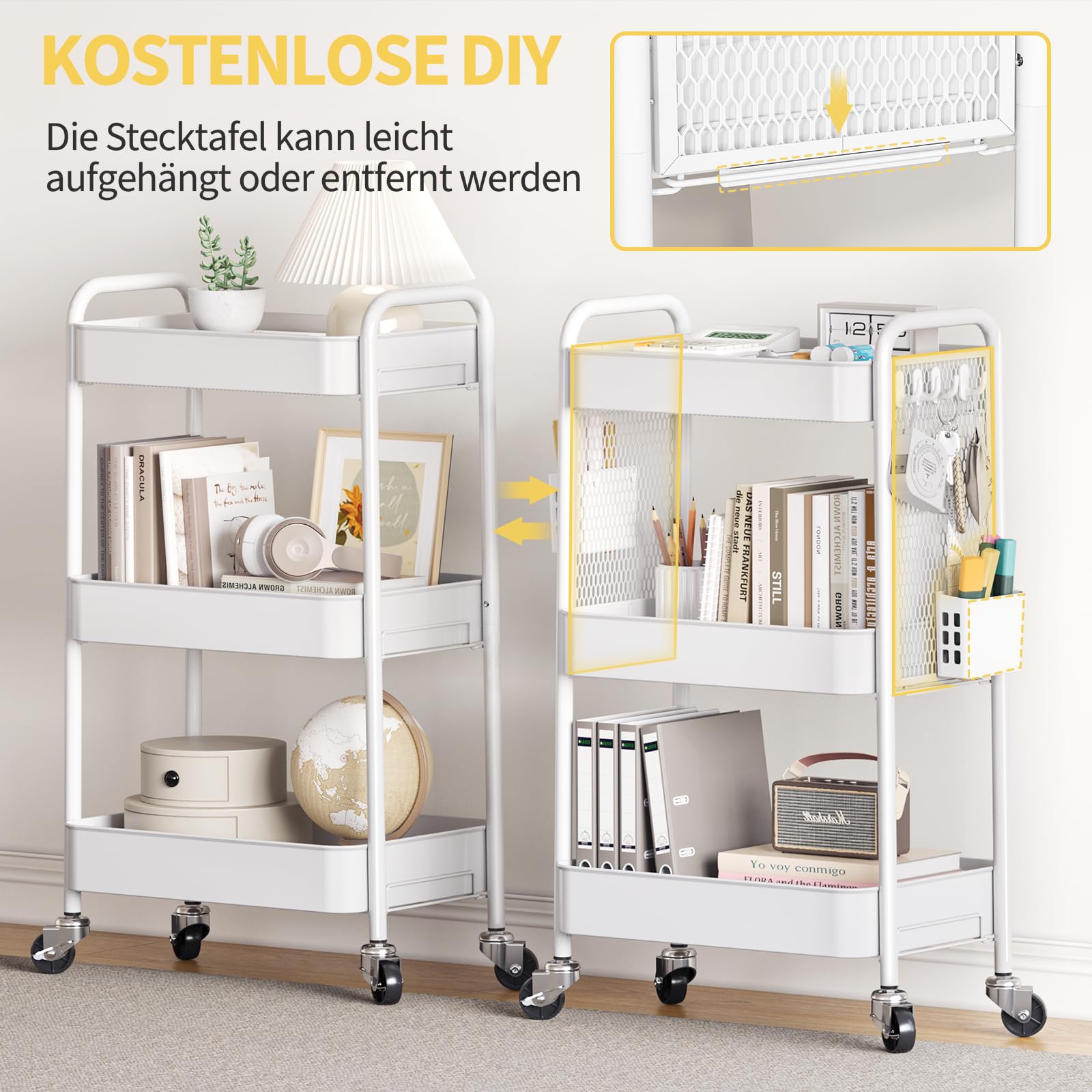 Urackify Allzweck-Aufbewahrungswagen für Verschiedene Anwendungen – mit DIY-Stecktafeln,Körben und Haken für zusätzlichen Stauraum in Küche,Bad,Büro, Klassenzimmer und- Weiß 3 Ebenen