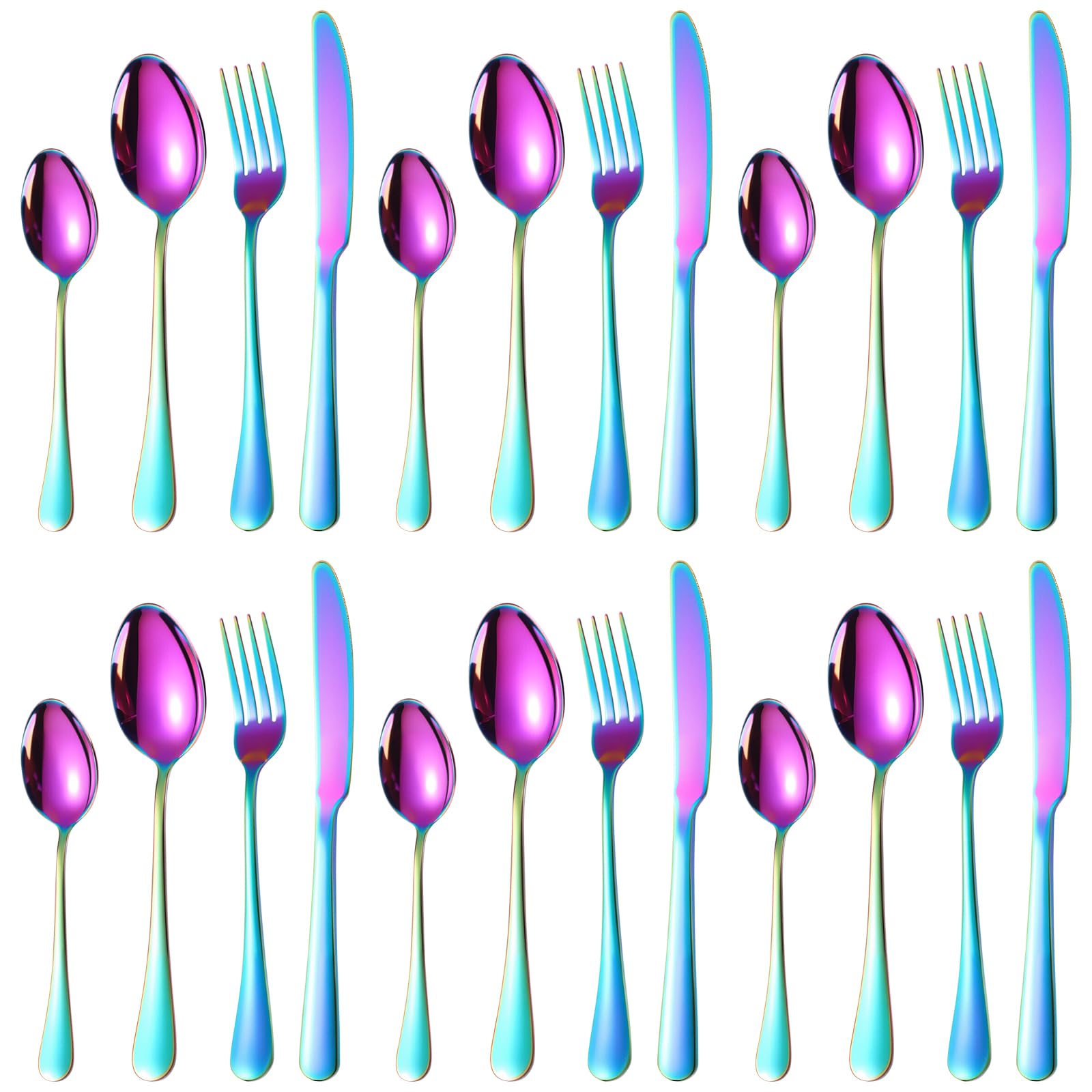 Juego de cubiertos para 6 personas, arco iris, 24 piezas, acero inoxidable, para camping, multicolor, incluye cuchara, tenedor y cuchillo, cubiertos de metal aptos para lavavajillas