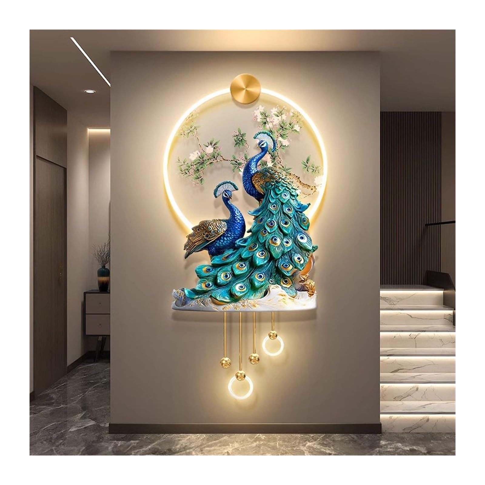 AZQOHMIS 3D Peacock Wall Sculpture with LED Light, Elegant Metal Wall Art for Living Room and Office Decoration