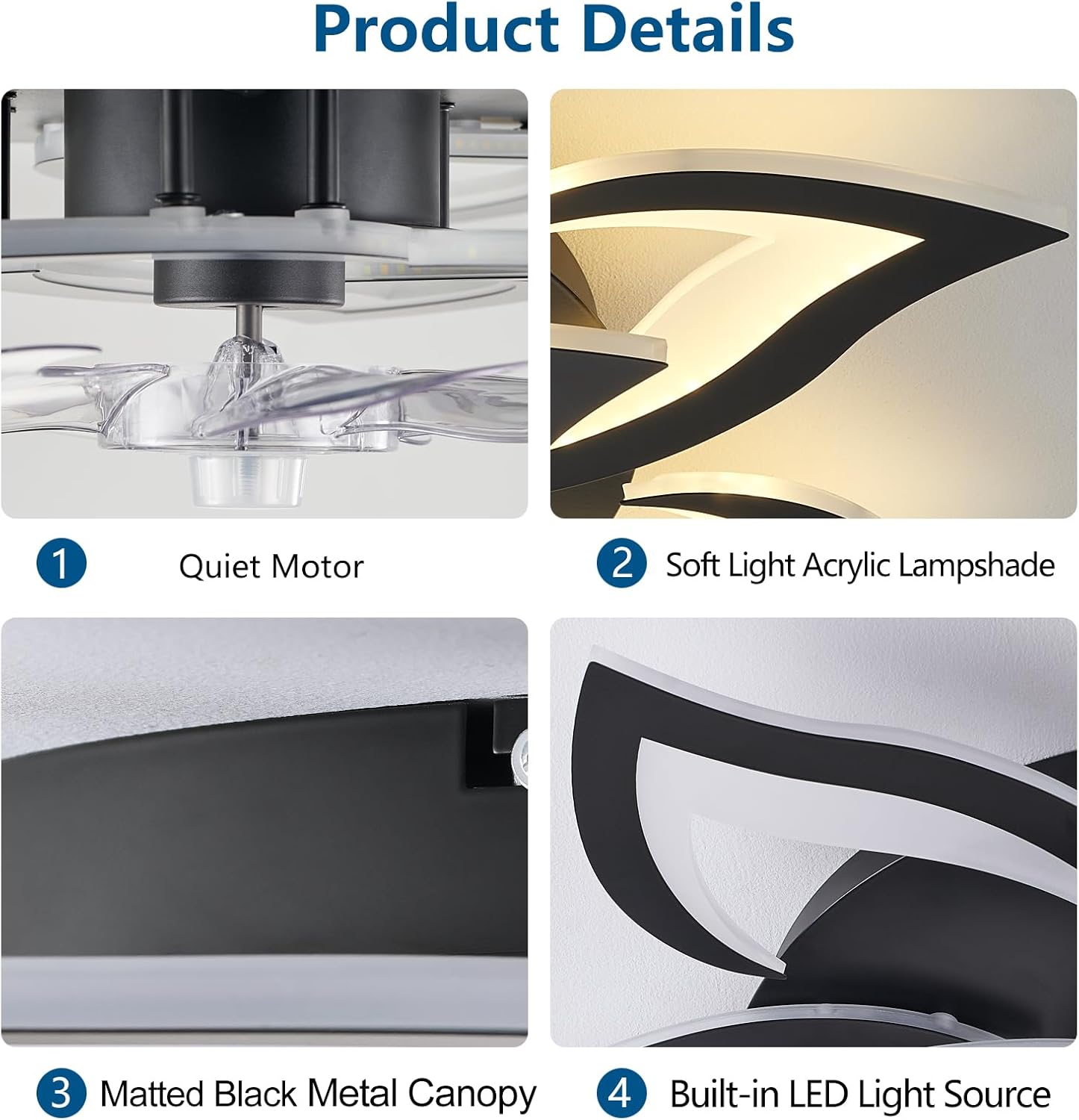 Nærbillede view of Dalouguan Ceiling Fan product details, showing the quiet motor, soft light acrylic lampshade, matted black metal canopy, and built-in LED light source.