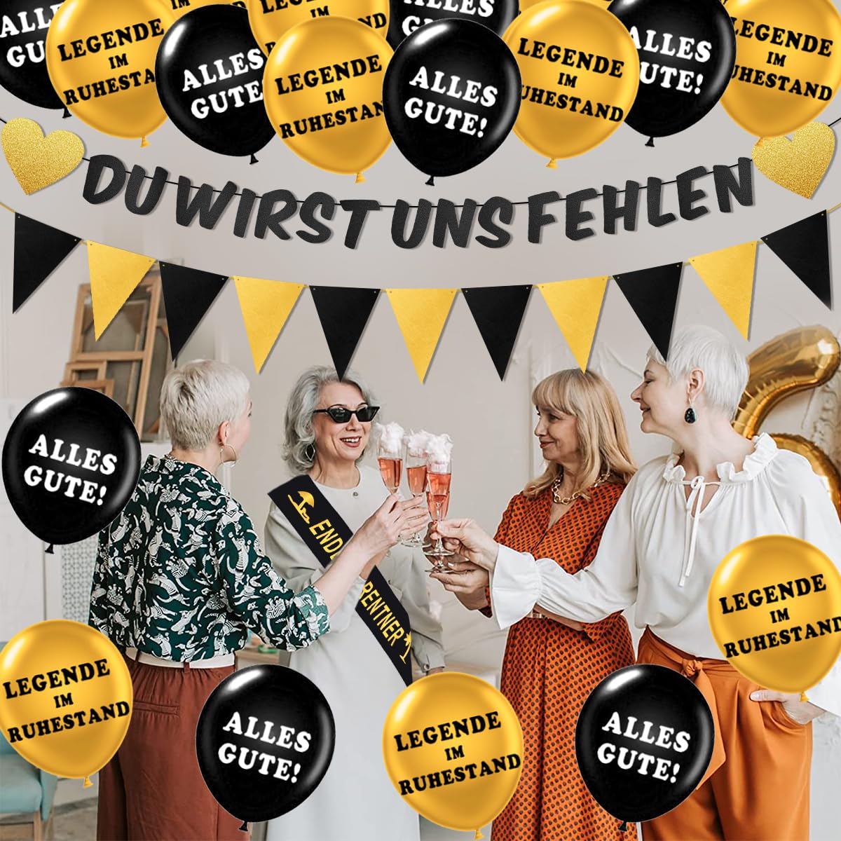 Ruhestand Deko Set – „Du Wirst Uns Fehlen“ Banner, Girlande, Schärpe & 20 Ballons, Gold/Schwarz Rente Deko Set