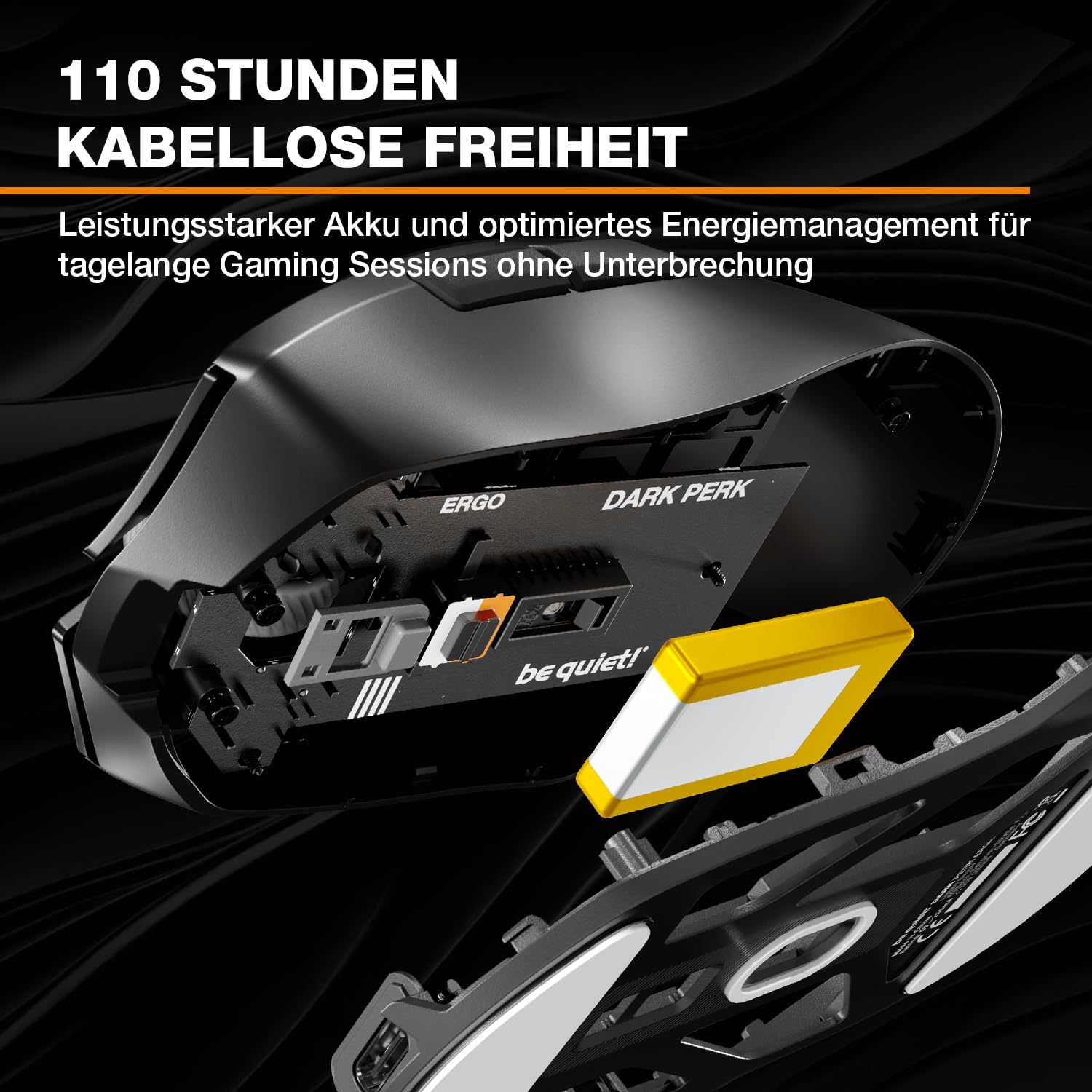 be quiet! Dark Perk Ergo PC Gaming Maus, 55 g leicht, extrem Lange Akkulaufzeit, 8.000 Hz Abtastrate, PixArt PAW3950 Sensor, 32.000 DPI, optische 70-m-Switches, 100% PTFE-Glide Skates