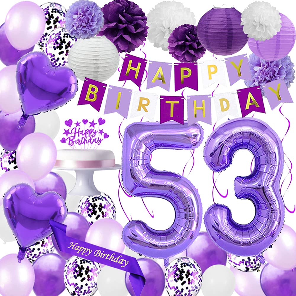 Purple 53rd Birthday Decorations set Happy Birthday Banner Sash and Cake Topper Number 53 Confetti Latex Balloons Paper Lanterns for 53 Years Old Birthday Party