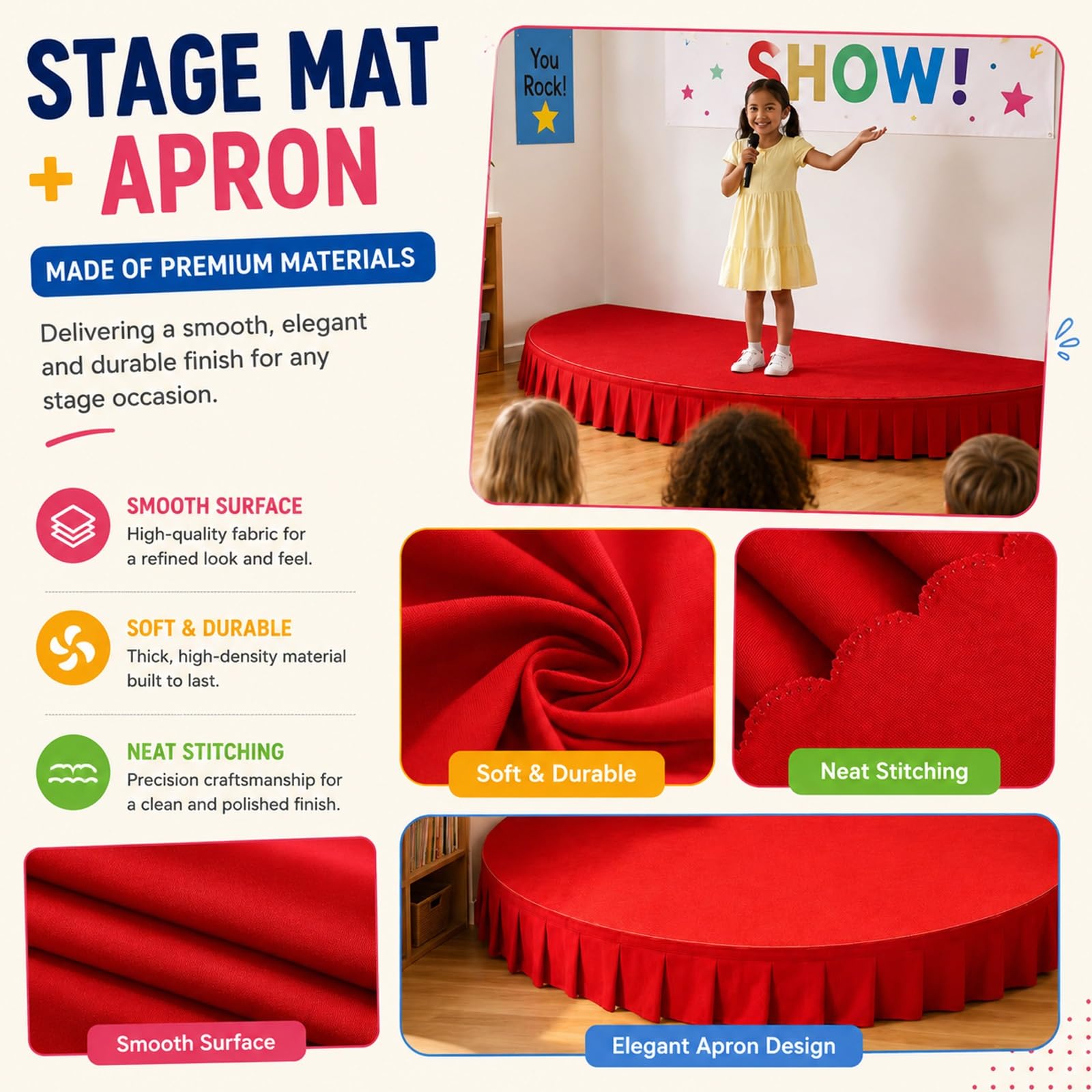 Palco portatile per bambini, include grembiule da palcoscenico, elevata capacità di carico, ideale per ospitare discorsi in pubblico e canti(Red A,100x100cm)
