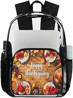 Feliz Dia de Ação de Graças Mochila Transparente, Mochilas Peru Abóboras Impermeáveis Mochila Transparente de PVC com Alça de Ombro Reforçada para Escola, Trabalho, Viagem, Multicor
