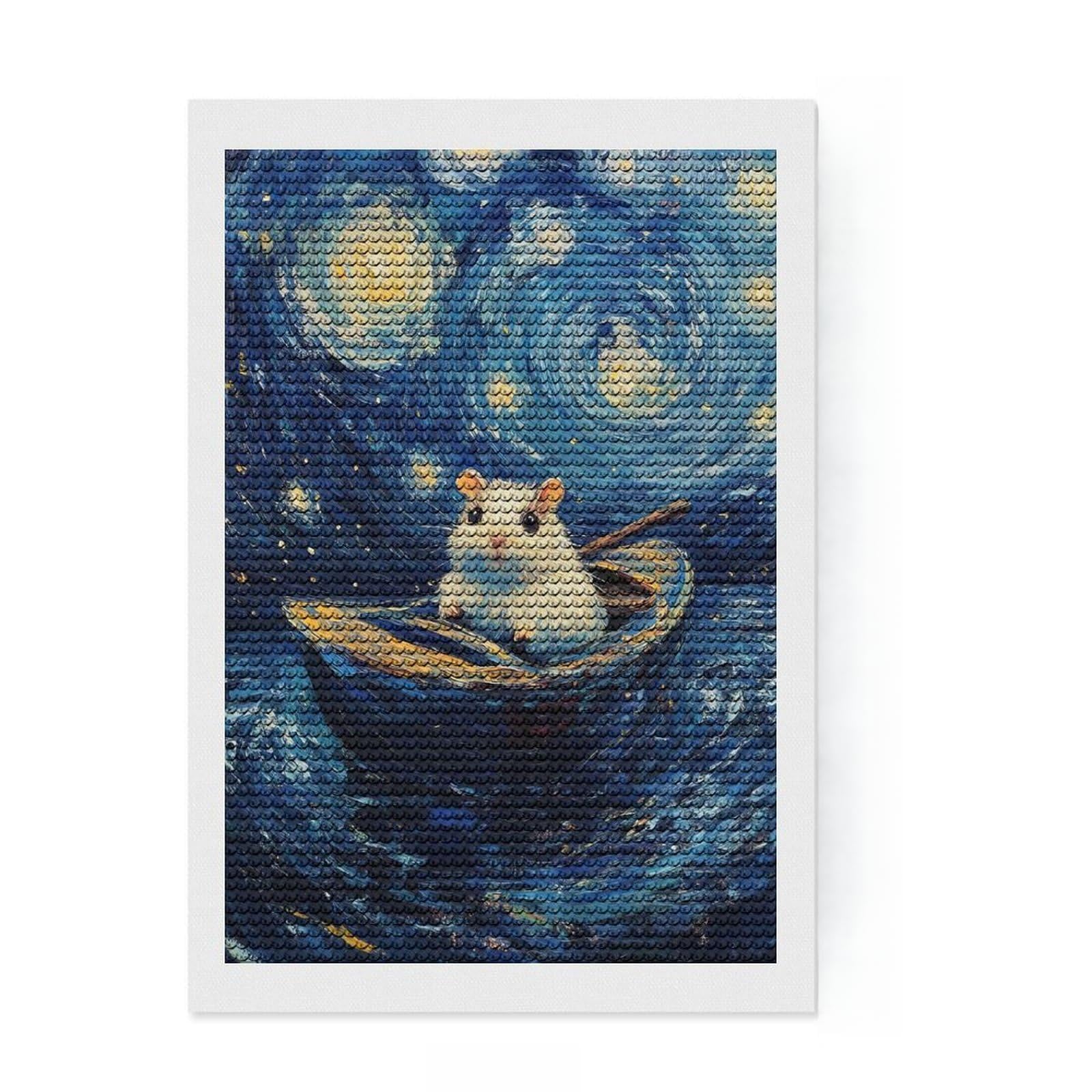 Junmoney Hamster in Starry Night Diamond Painting Kit 8"x12", for Teens, Living Room Decor, Calming Craft to Unwind, Holiday Gift Idea