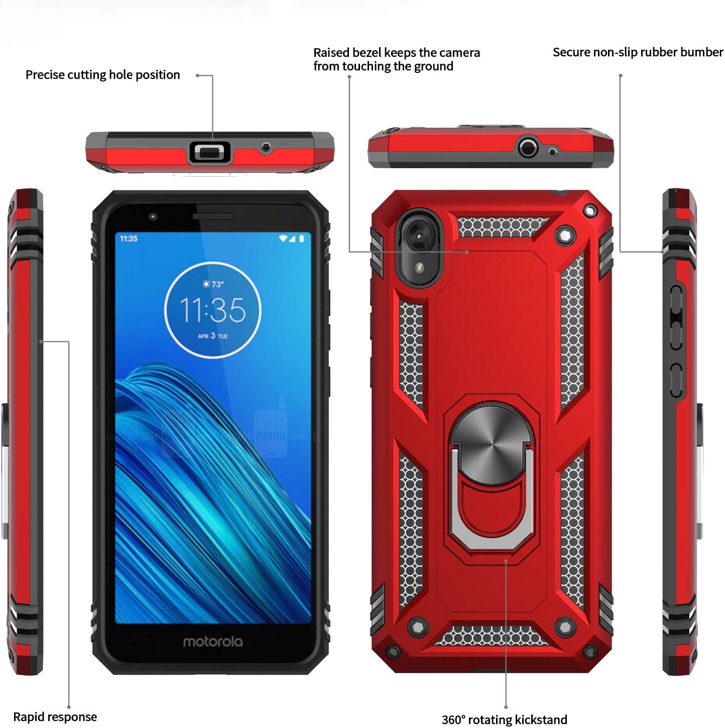 LeYi for Moto E6 Case with [2 Pack] Tempered Glass Screen Protector, [Military-Grade] Defender Protective Phone Case with Magnetic Car Ring Holder Mount Kickstand for Moto E6, JSFS Red