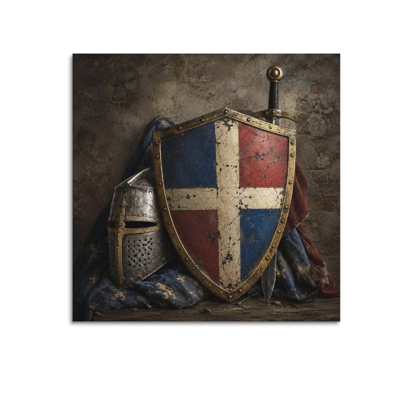 XKUGA Heraldic Shield Enamel Poster Tri Badge Medieval Helmet Relic Modern Decorative Canvas Prints - Ideal Wall Art for Family, Man Cave, Game Room, Boys & Girls Bedroom 12x12inch(30x30cm)